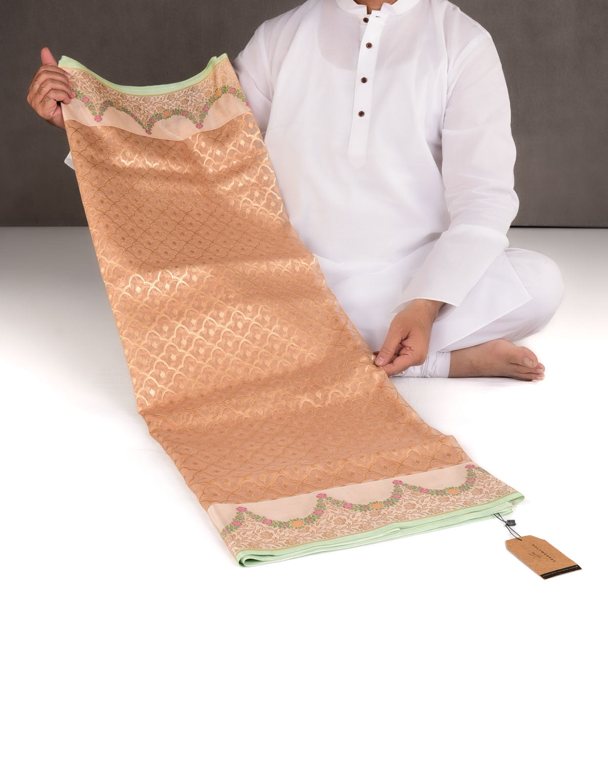 Beige Peach Gold Zari Cutwork Brocade Handwoven Kora Silk Banarasi Saree with Satin Meenekari Border Pallu-HolyWeaves