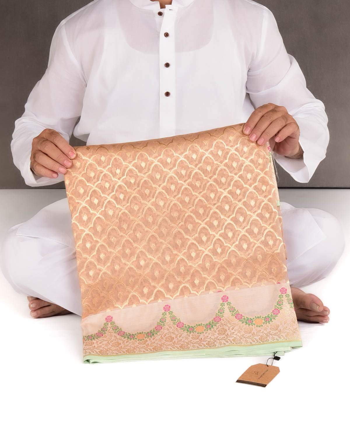 Beige Peach Gold Zari Cutwork Brocade Handwoven Kora Silk Banarasi Saree with Satin Meenekari Border Pallu