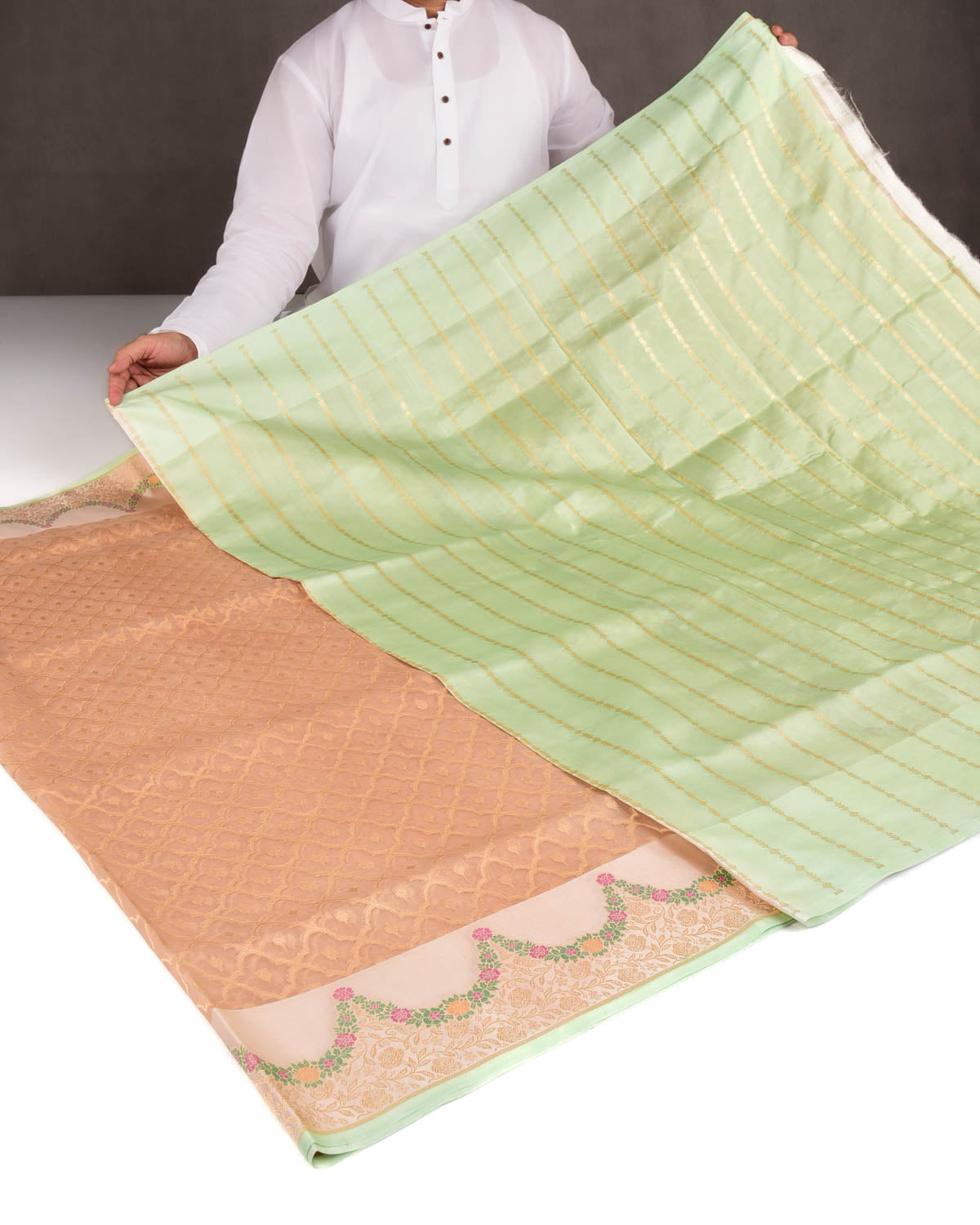 Beige Peach Gold Zari Cutwork Brocade Handwoven Kora Silk Banarasi Saree with Satin Meenekari Border Pallu-HolyWeaves