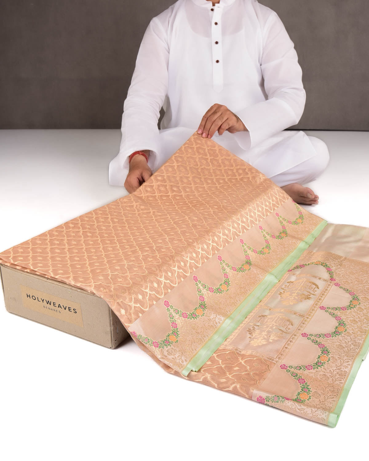 Beige Peach Gold Zari Cutwork Brocade Handwoven Kora Silk Banarasi Saree with Satin Meenekari Border Pallu-HolyWeaves