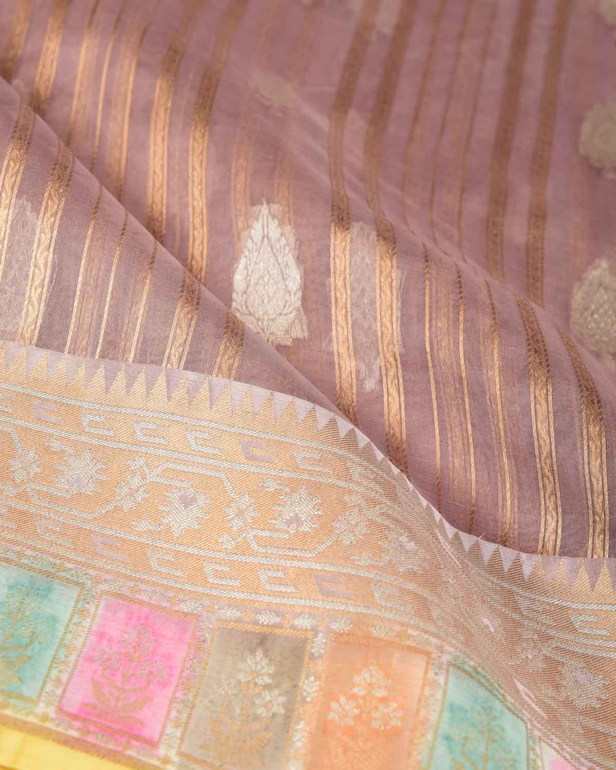 Rosy Brown Gold & Silver Zari Cutwork Brocade Handwoven Kora Silk Banarasi Saree with Satin Meenekari Border Pallu-HolyWeaves