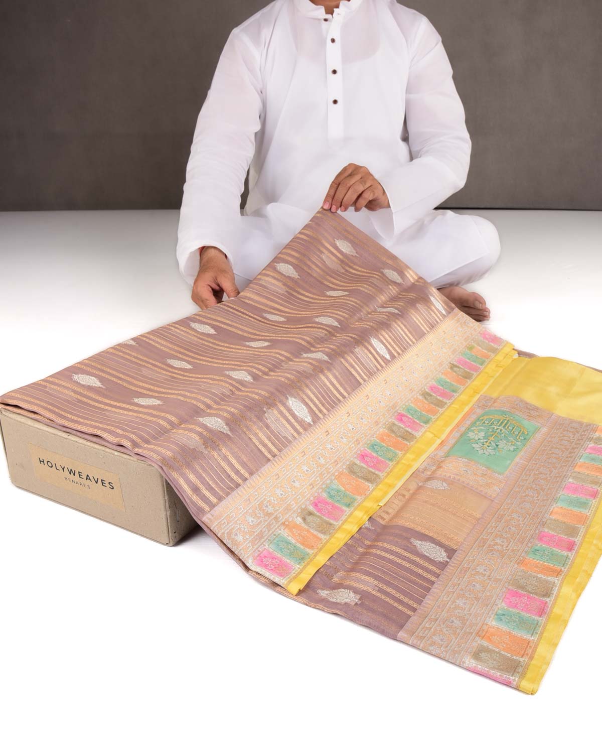 Rosy Brown Gold & Silver Zari Cutwork Brocade Handwoven Kora Silk Banarasi Saree with Satin Meenekari Border Pallu-HolyWeaves