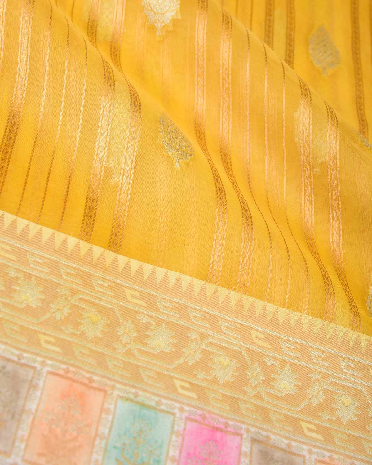Yellow Gold & Silver Zari Cutwork Brocade Handwoven Kora Silk Banarasi Saree with Satin Meenekari Border Pallu-HolyWeaves
