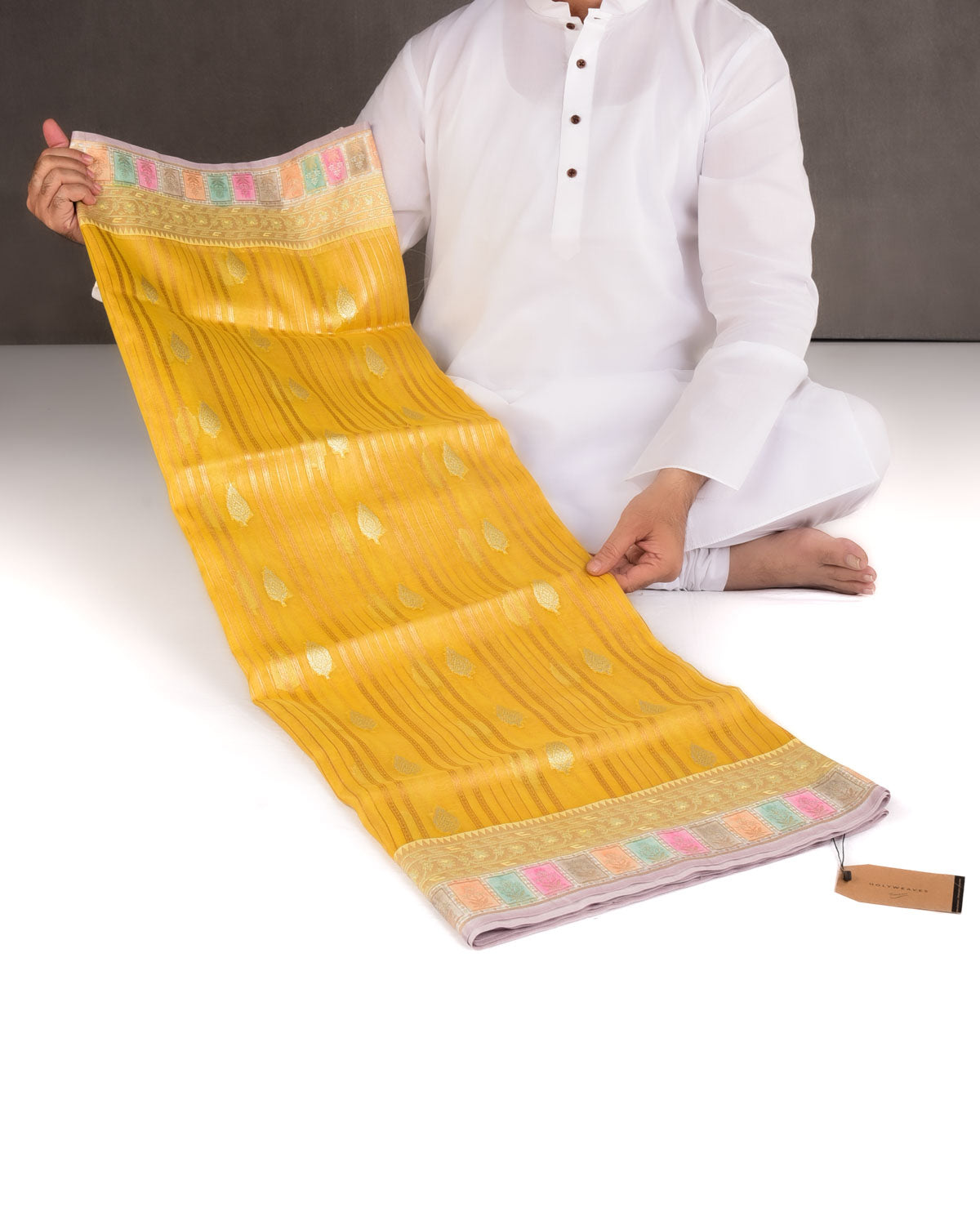 Yellow Gold & Silver Zari Cutwork Brocade Handwoven Kora Silk Banarasi Saree with Satin Meenekari Border Pallu-HolyWeaves