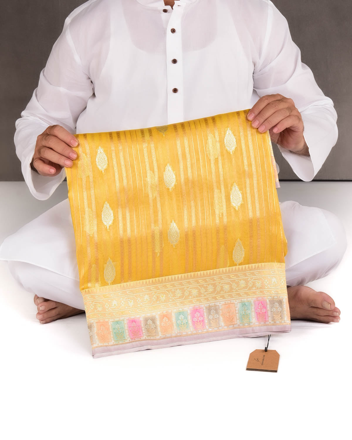 Yellow Gold & Silver Zari Cutwork Brocade Handwoven Kora Silk Banarasi Saree with Satin Meenekari Border Pallu-HolyWeaves