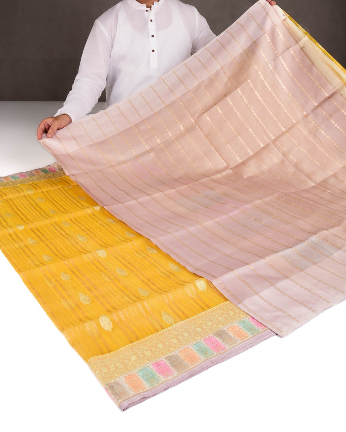 Yellow Gold & Silver Zari Cutwork Brocade Handwoven Kora Silk Banarasi Saree with Satin Meenekari Border Pallu-HolyWeaves