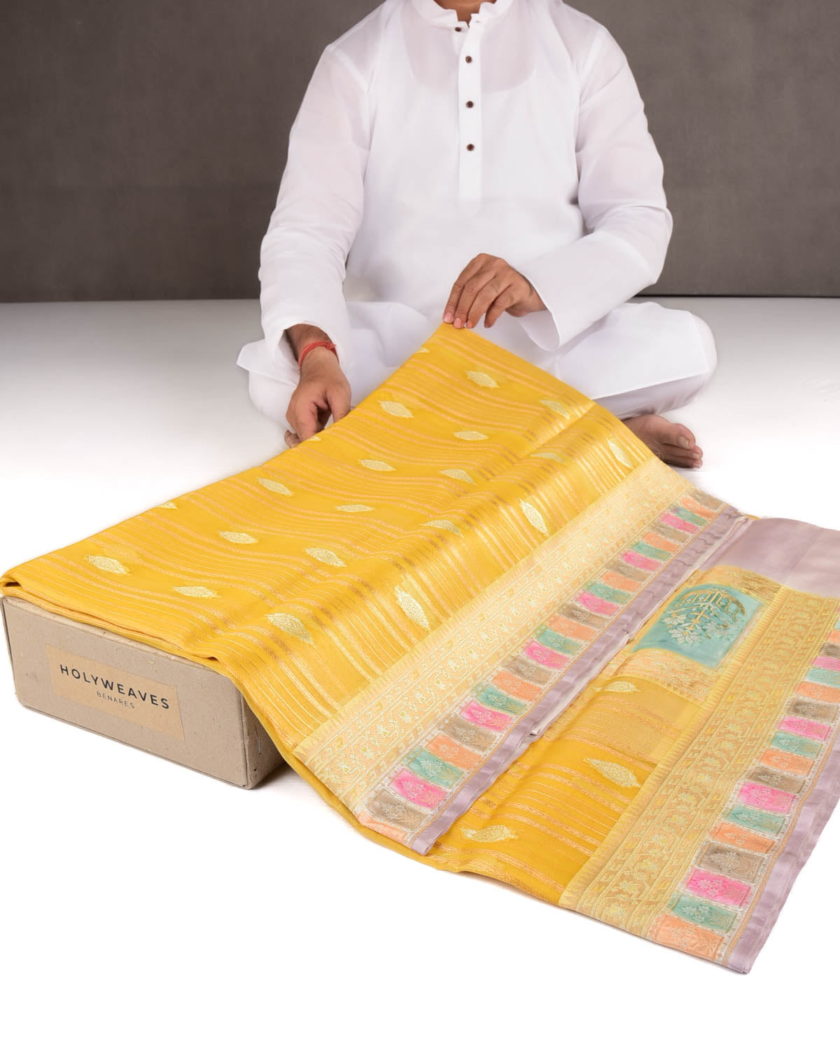 Yellow Gold & Silver Zari Cutwork Brocade Handwoven Kora Silk Banarasi Saree with Satin Meenekari Border Pallu