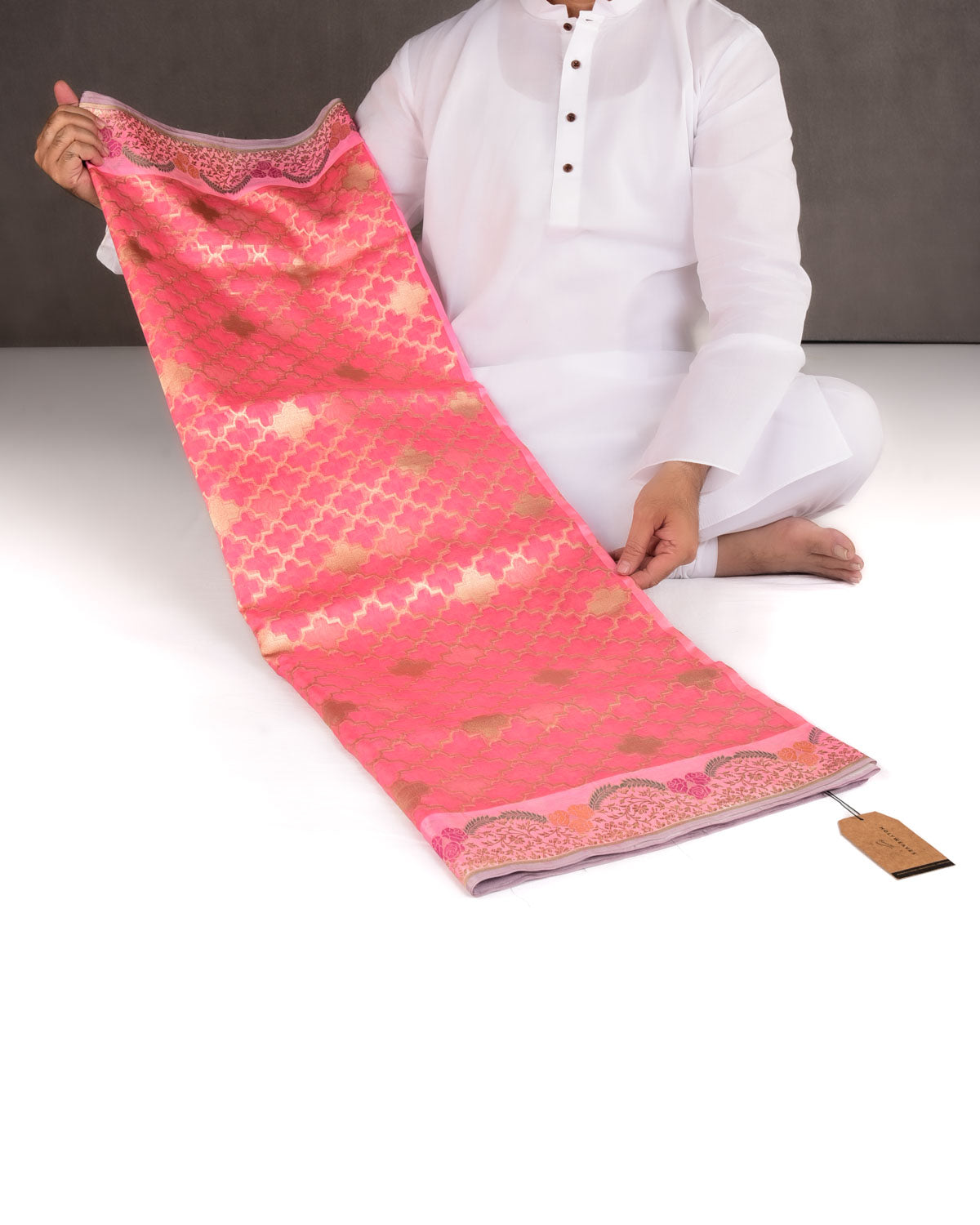 Pink Gold Zari Cutwork Brocade Handwoven Kora Silk Banarasi Saree with Satin Meenekari Border Pallu-HolyWeaves