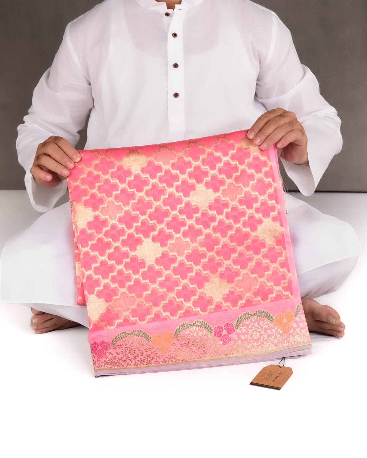Pink Gold Zari Cutwork Brocade Handwoven Kora Silk Banarasi Saree with Satin Meenekari Border Pallu-HolyWeaves