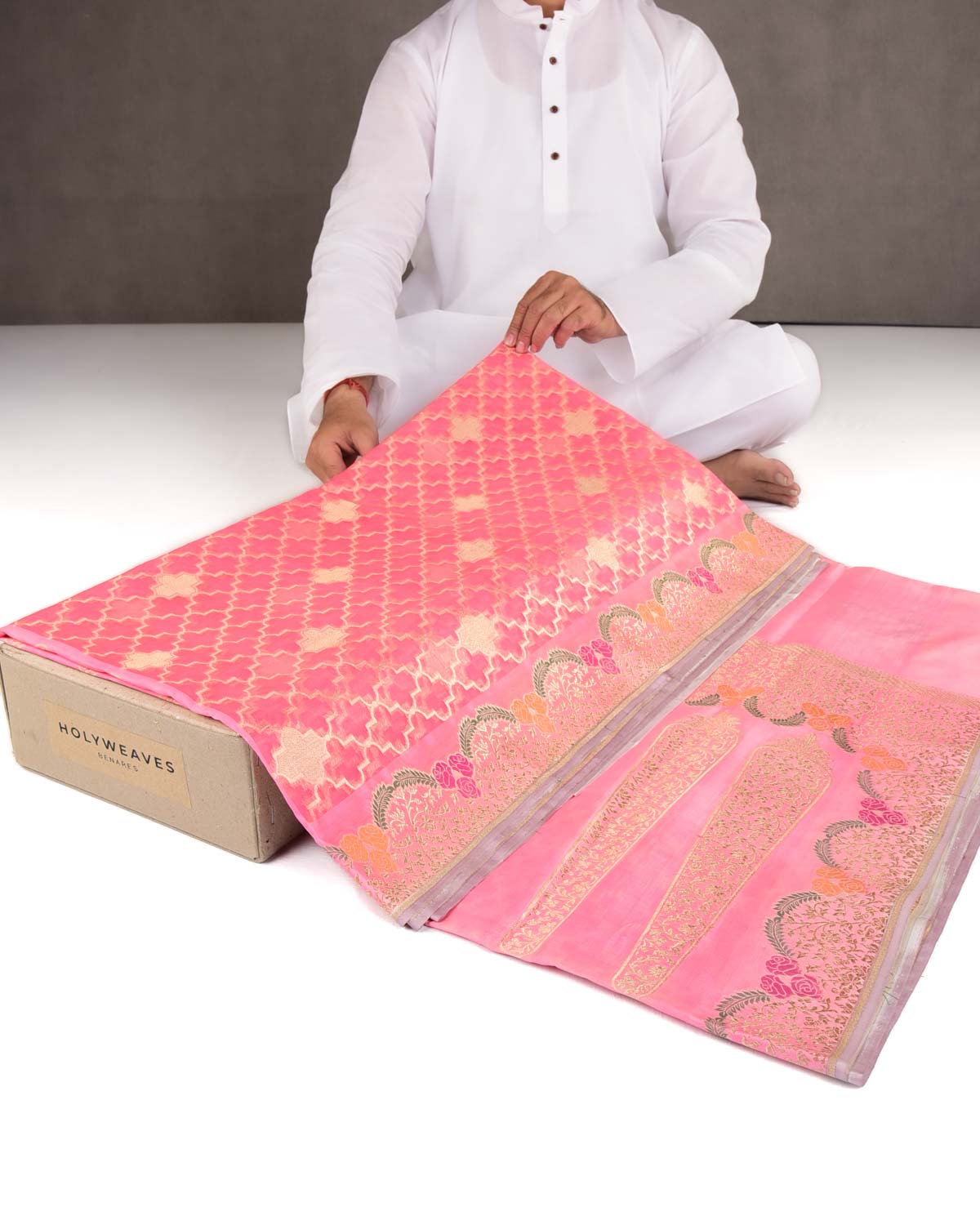 Pink Gold Zari Cutwork Brocade Handwoven Kora Silk Banarasi Saree with Satin Meenekari Border Pallu-HolyWeaves