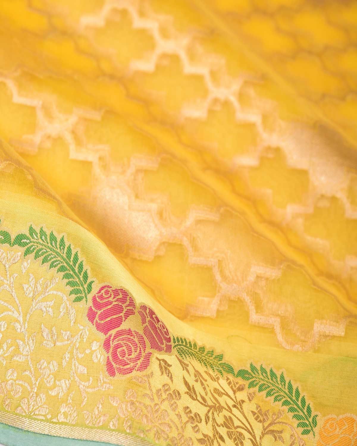 Yellow Gold Zari Cutwork Brocade Handwoven Kora Silk Banarasi Saree with Satin Meenekari Border Pallu-HolyWeaves