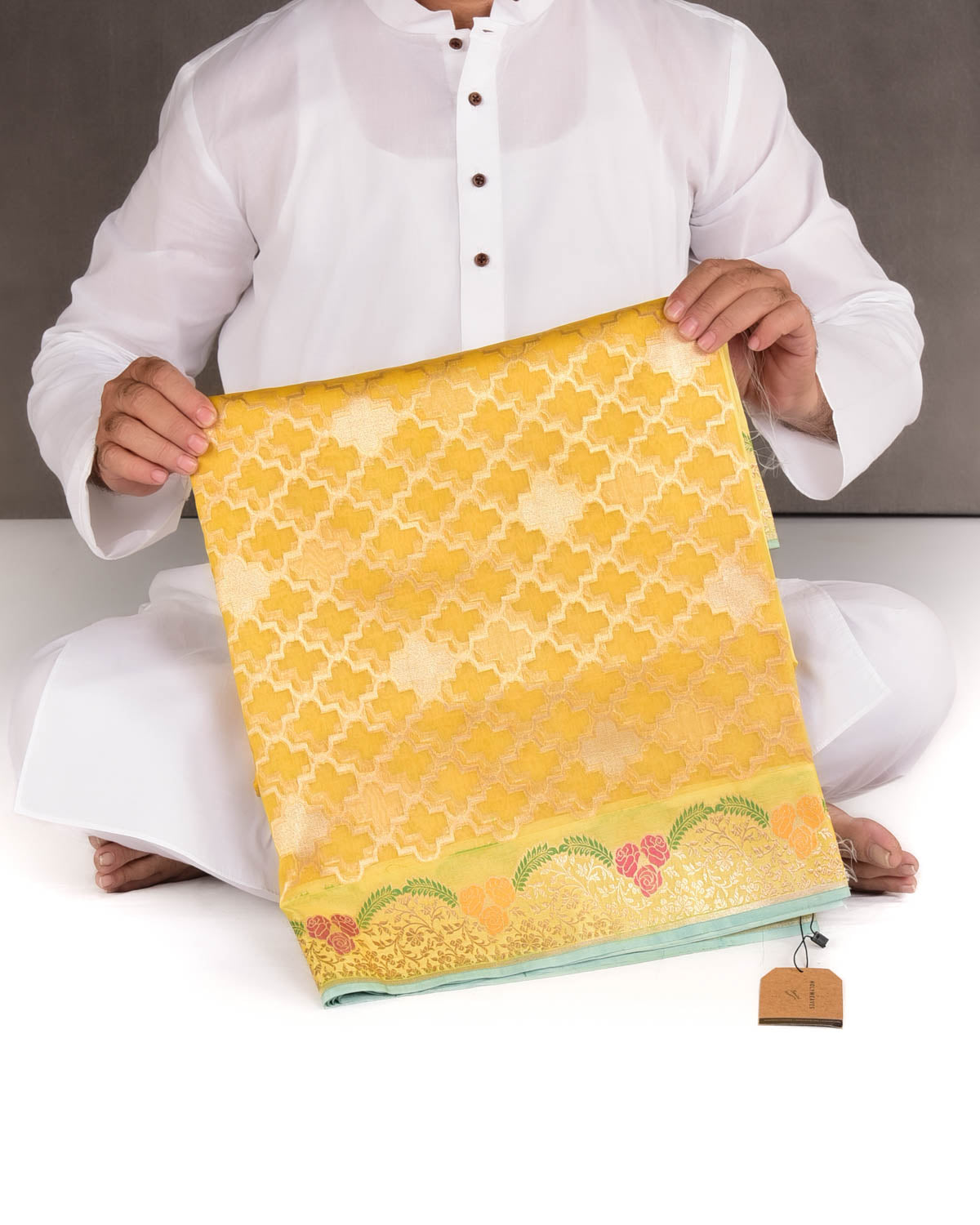 Yellow Gold Zari Cutwork Brocade Handwoven Kora Silk Banarasi Saree with Satin Meenekari Border Pallu-HolyWeaves
