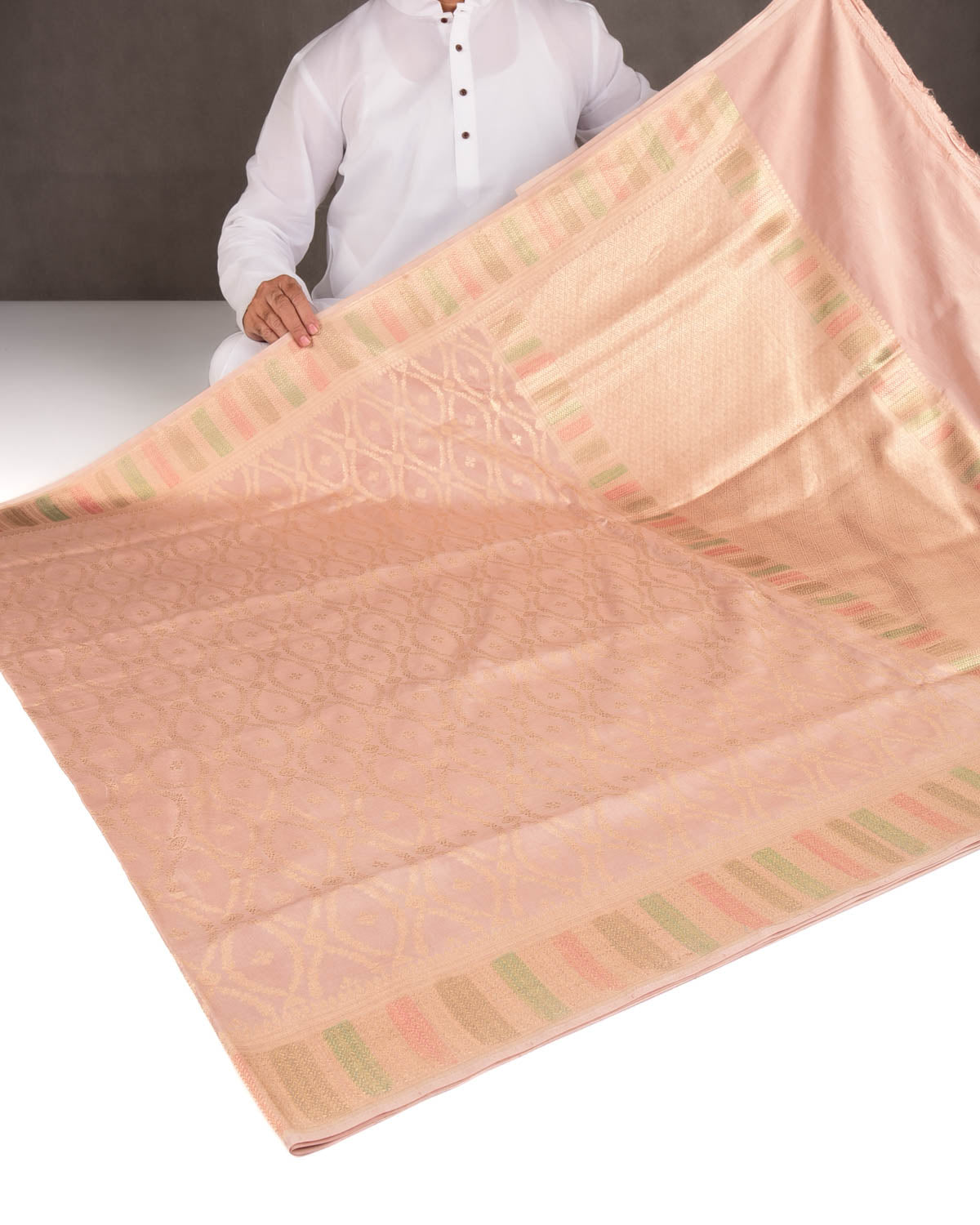 Peach Gold Zari Cutwork Brocade Handwoven Spun Silk Banarasi Saree with Hand Brush Border Pallu-HolyWeaves