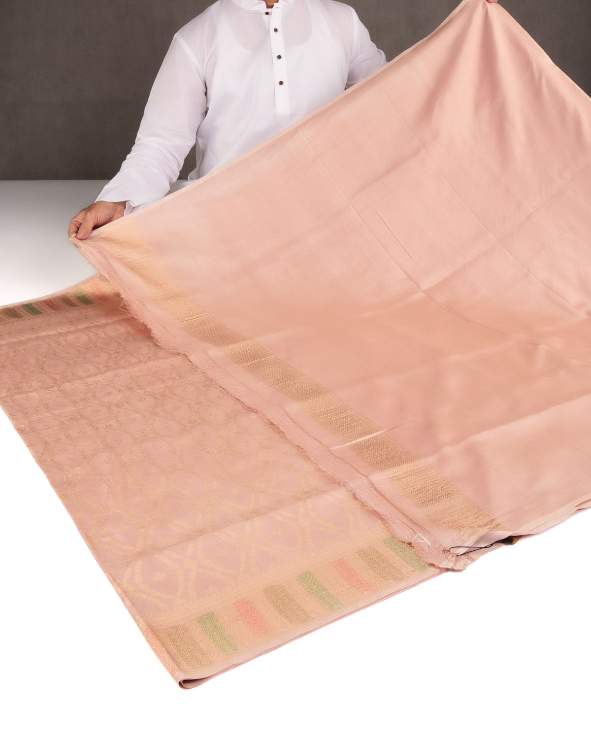 Peach Gold Zari Cutwork Brocade Handwoven Spun Silk Banarasi Saree with Hand Brush Border Pallu-HolyWeaves