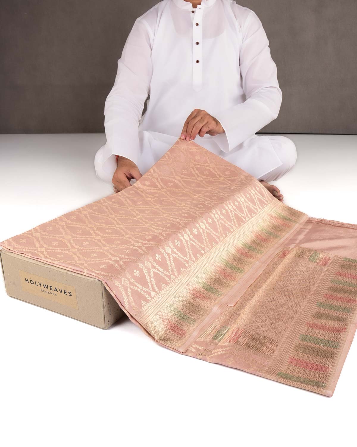Peach Gold Zari Cutwork Brocade Handwoven Spun Silk Banarasi Saree with Hand Brush Border Pallu-HolyWeaves