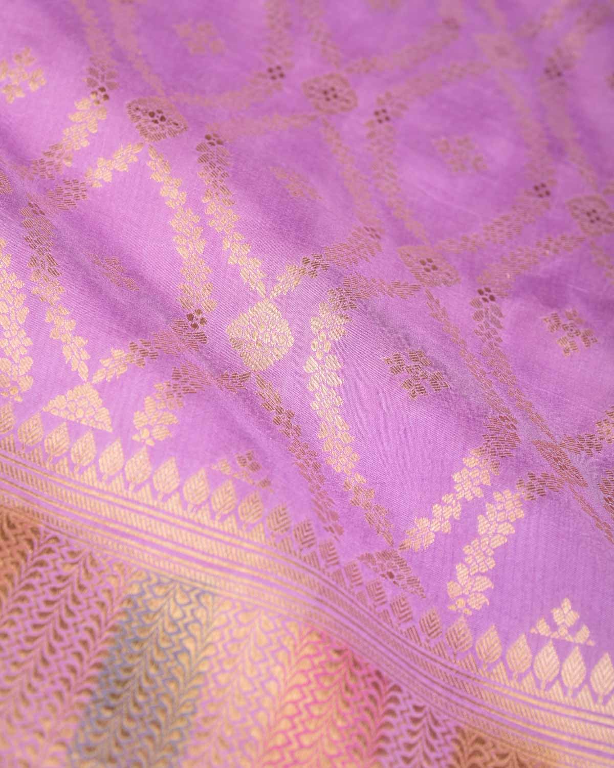 Lavender Gold Zari Cutwork Brocade Handwoven Spun Silk Banarasi Saree with Hand Brush Border Pallu-HolyWeaves