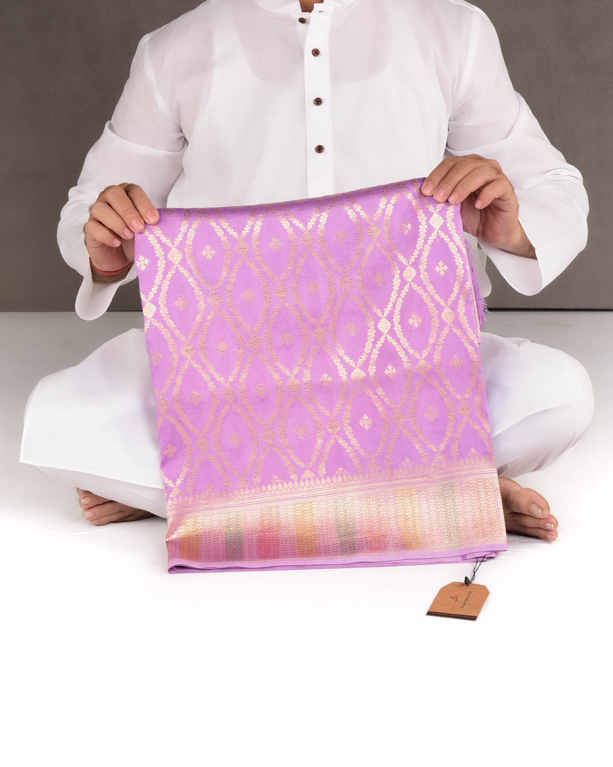 Lavender Gold Zari Cutwork Brocade Handwoven Spun Silk Banarasi Saree with Hand Brush Border Pallu-HolyWeaves