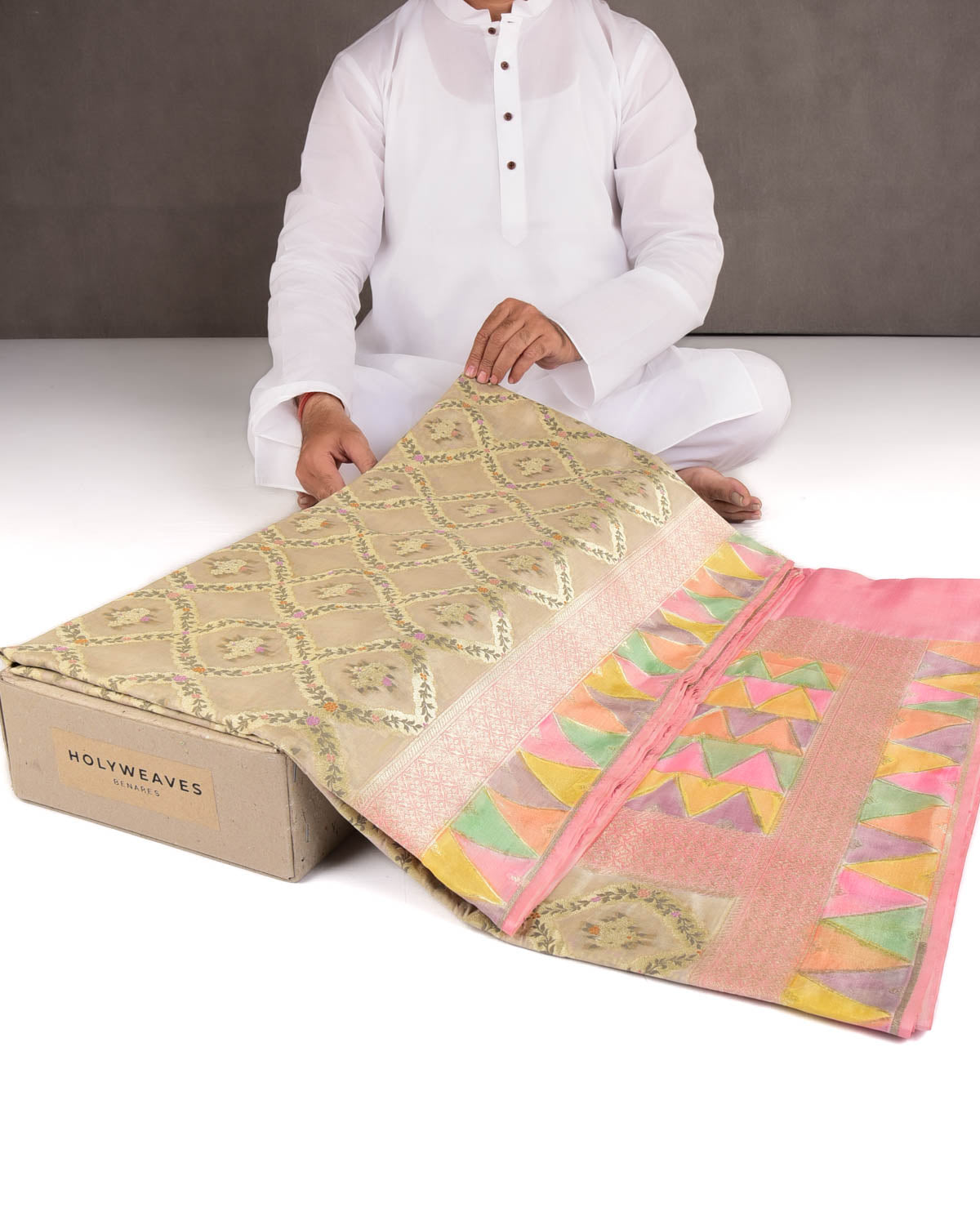 Beige Gold Zari Meenekari Cutwork Brocade Handwoven Spun Silk Banarasi Saree with Hand Brush Border Pallu-HolyWeaves