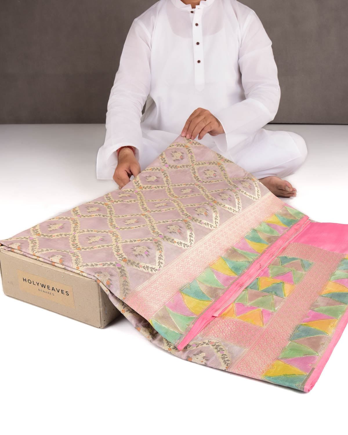 Mauve Gold Zari Meenekari Cutwork Brocade Handwoven Spun Silk Banarasi Saree with Hand Brush Border Pallu-HolyWeaves