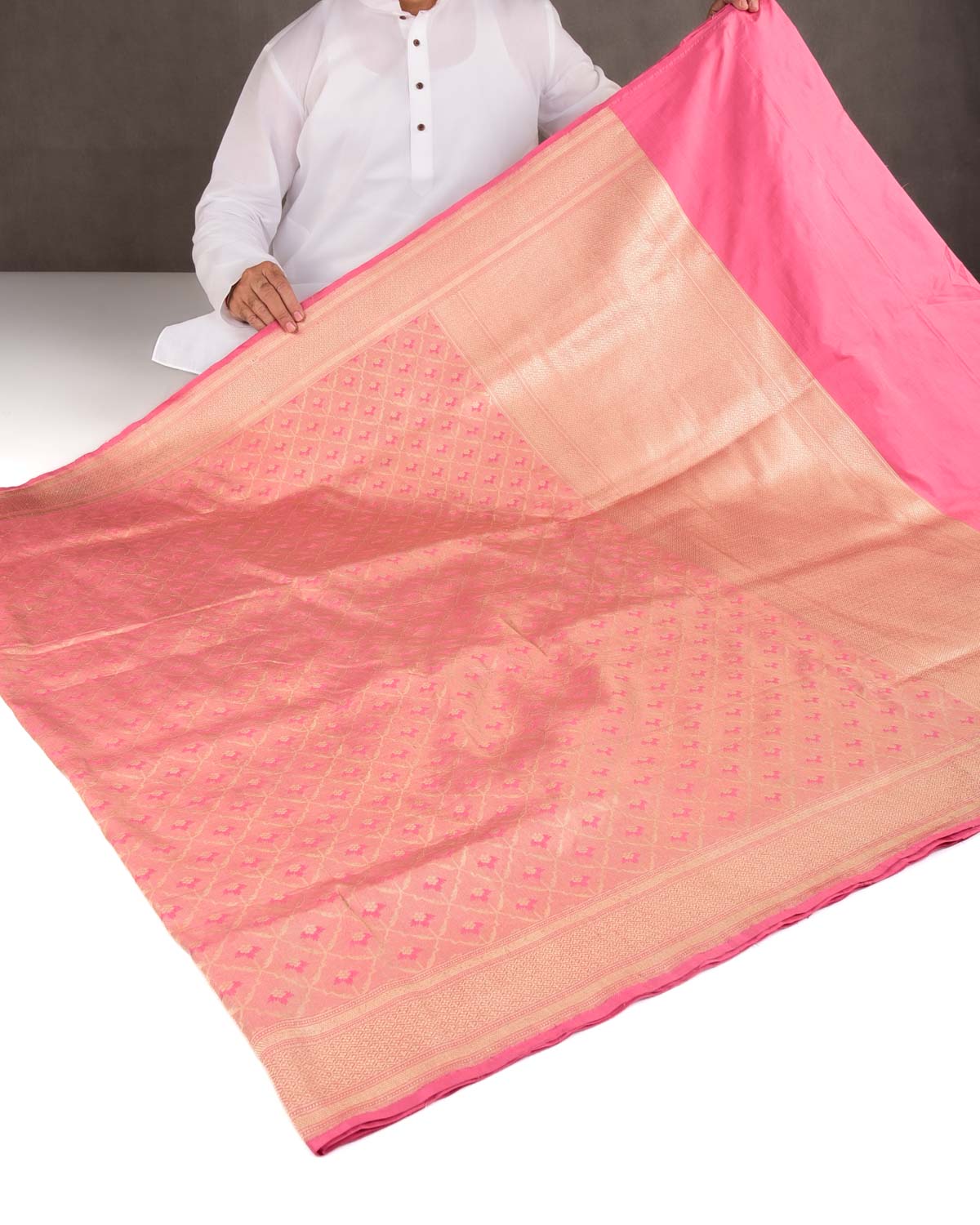 Metallic Pink Gold Zari Grids Cutwork Brocade Handwoven Katan Tissue Banarasi Saree-HolyWeaves