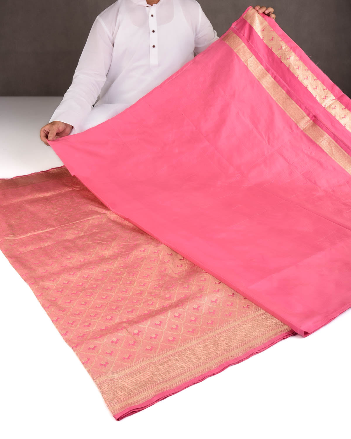 Metallic Pink Gold Zari Grids Cutwork Brocade Handwoven Katan Tissue Banarasi Saree-HolyWeaves
