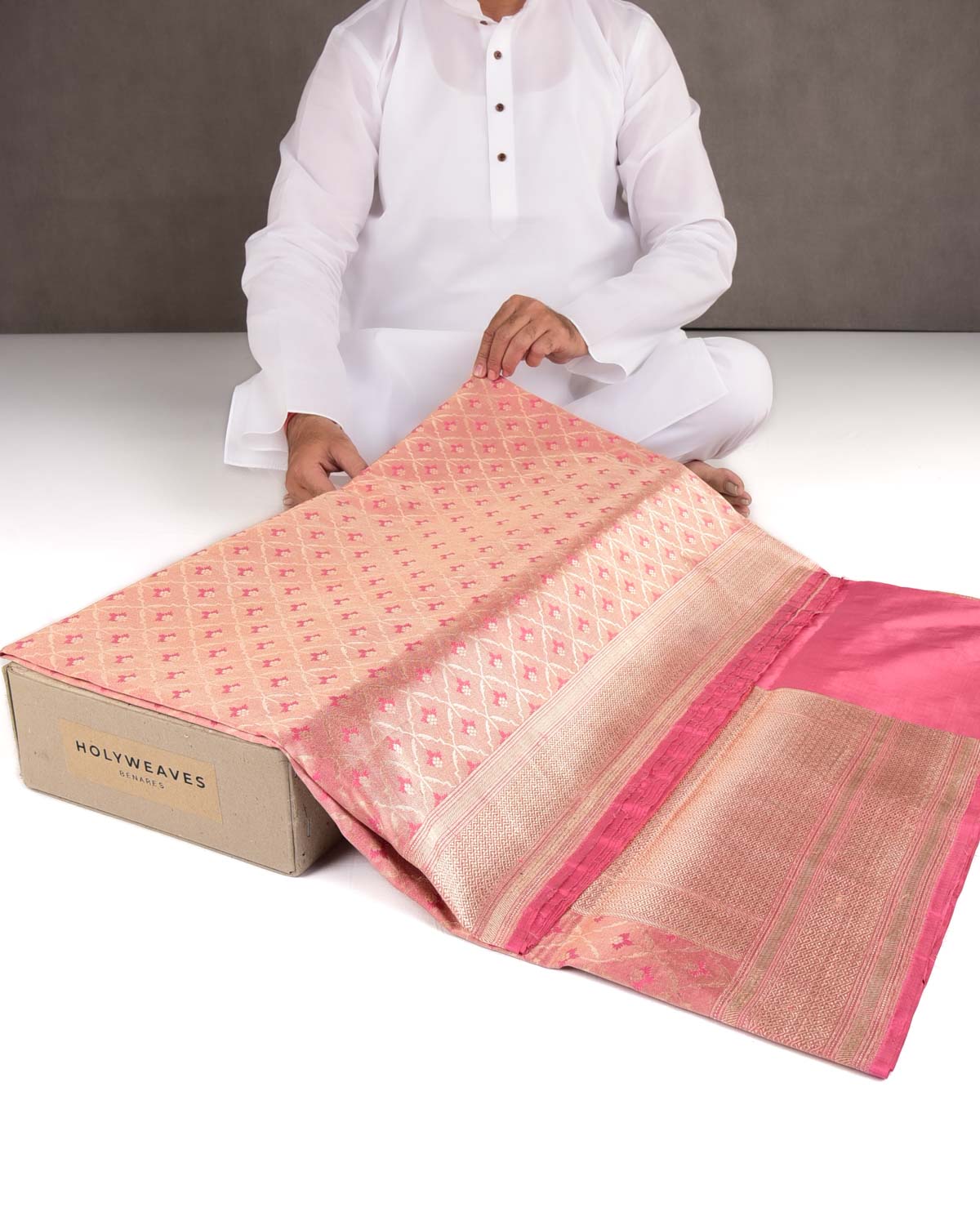 Metallic Pink Gold Zari Grids Cutwork Brocade Handwoven Katan Tissue Banarasi Saree-HolyWeaves
