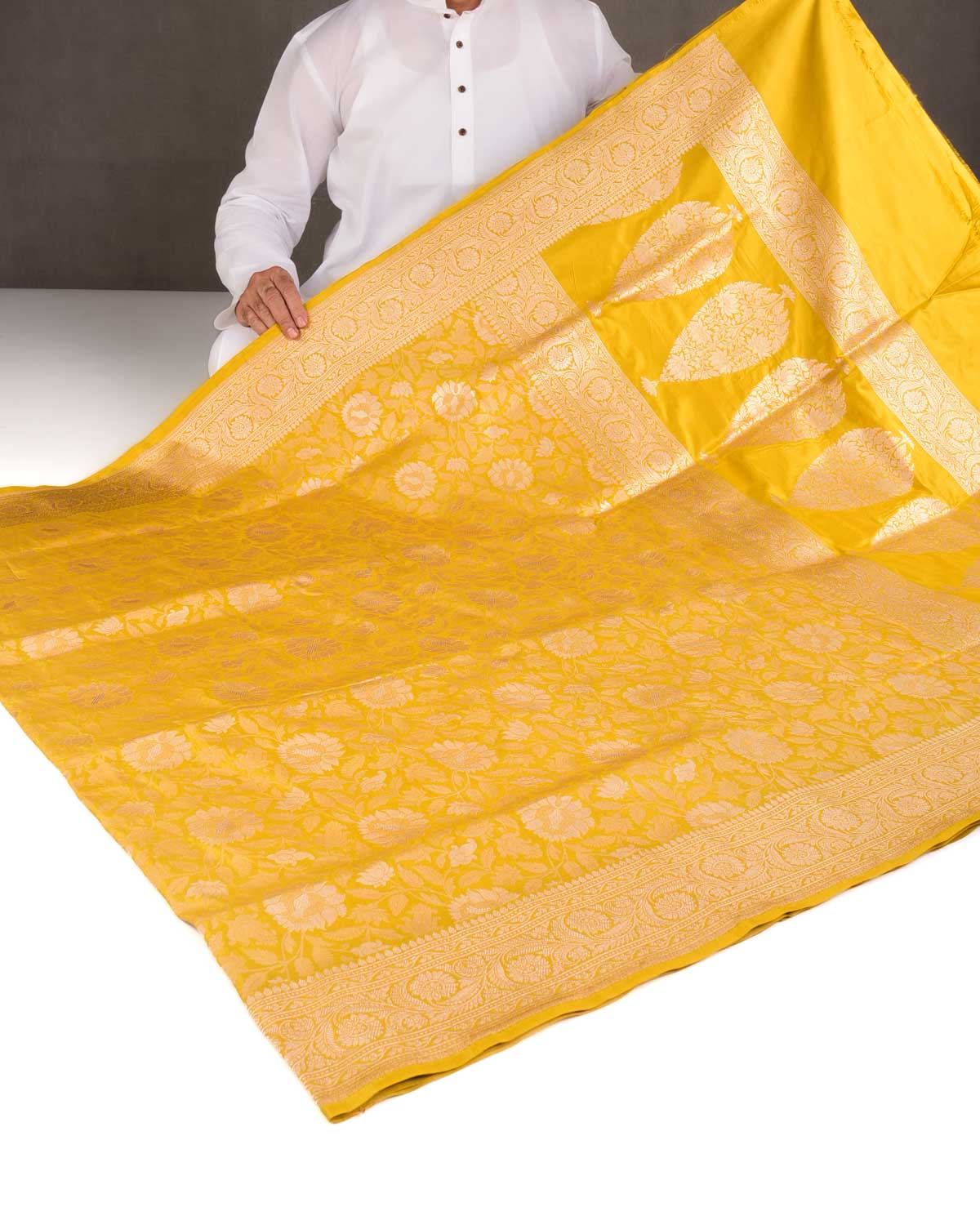 Mustard Yellow Gold Zari Floral Jaal Cutwork Brocade Handwoven Katan Silk Banarasi Saree-HolyWeaves