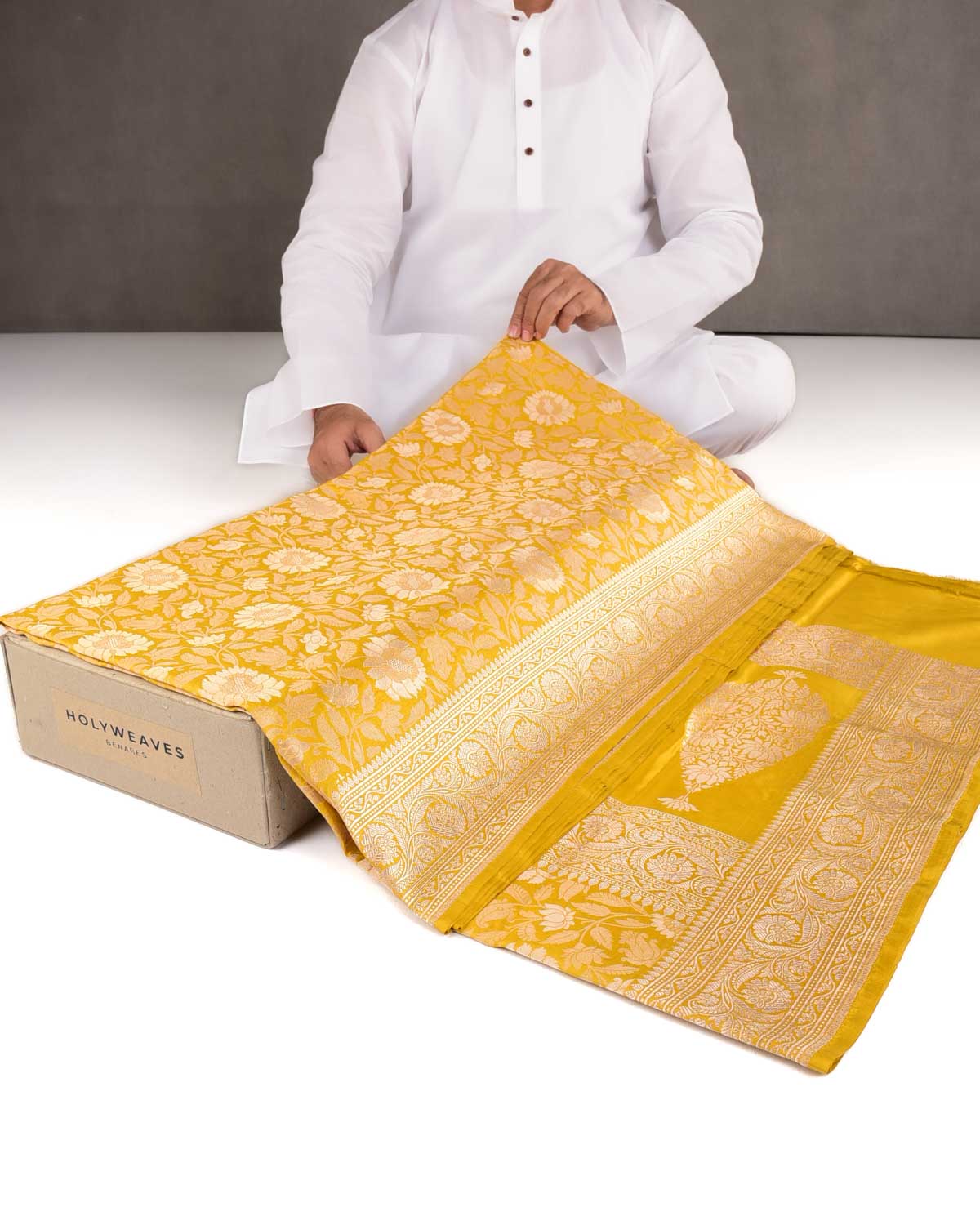 Mustard Yellow Gold Zari Floral Jaal Cutwork Brocade Handwoven Katan Silk Banarasi Saree-HolyWeaves