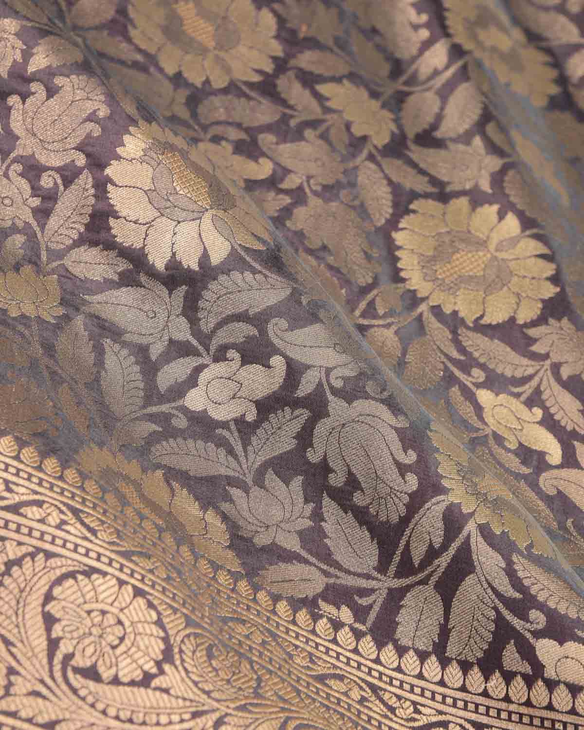 Blush Gray Gold Zari Floral Jaal Cutwork Brocade Handwoven Katan Silk Banarasi Saree-HolyWeaves