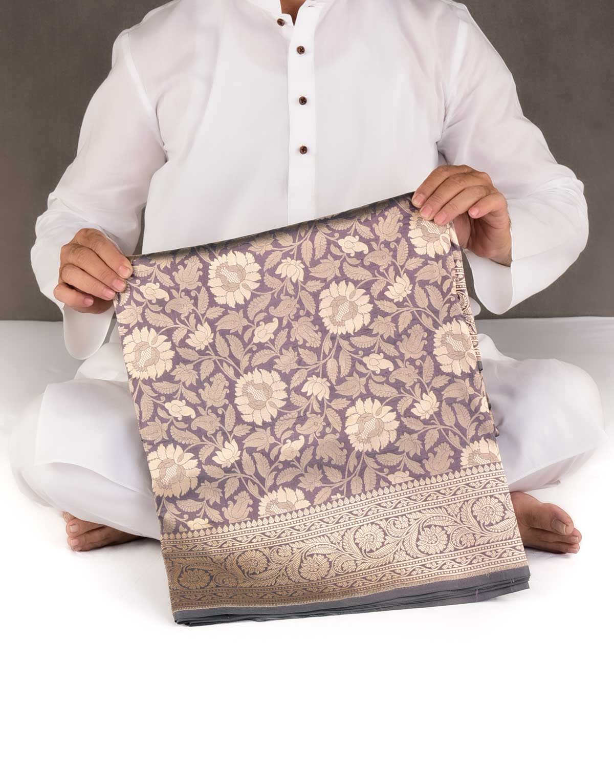 Blush Gray Gold Zari Floral Jaal Cutwork Brocade Handwoven Katan Silk Banarasi Saree-HolyWeaves