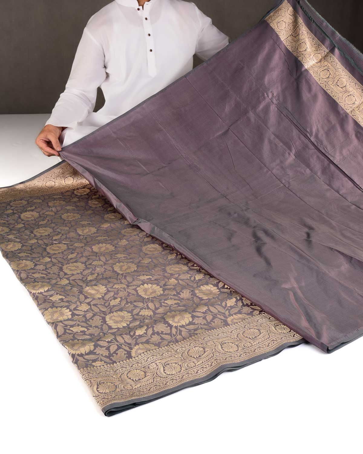 Blush Gray Gold Zari Floral Jaal Cutwork Brocade Handwoven Katan Silk Banarasi Saree-HolyWeaves