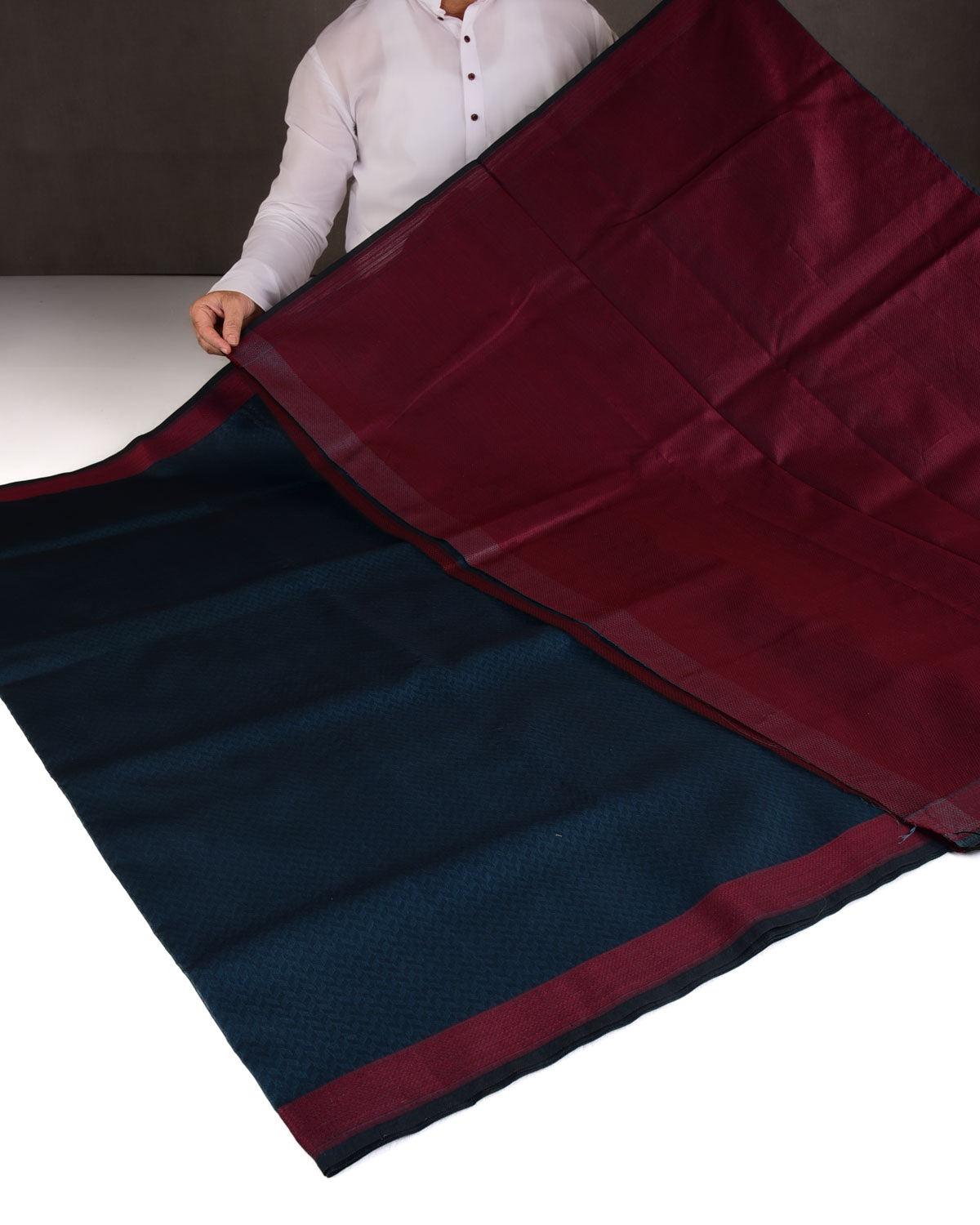 Prussian Blue Herringbone WATERMARK Tanchoi Handwoven Kora Silk Banarasi Saree with Maroon Border Pallu-HolyWeaves
