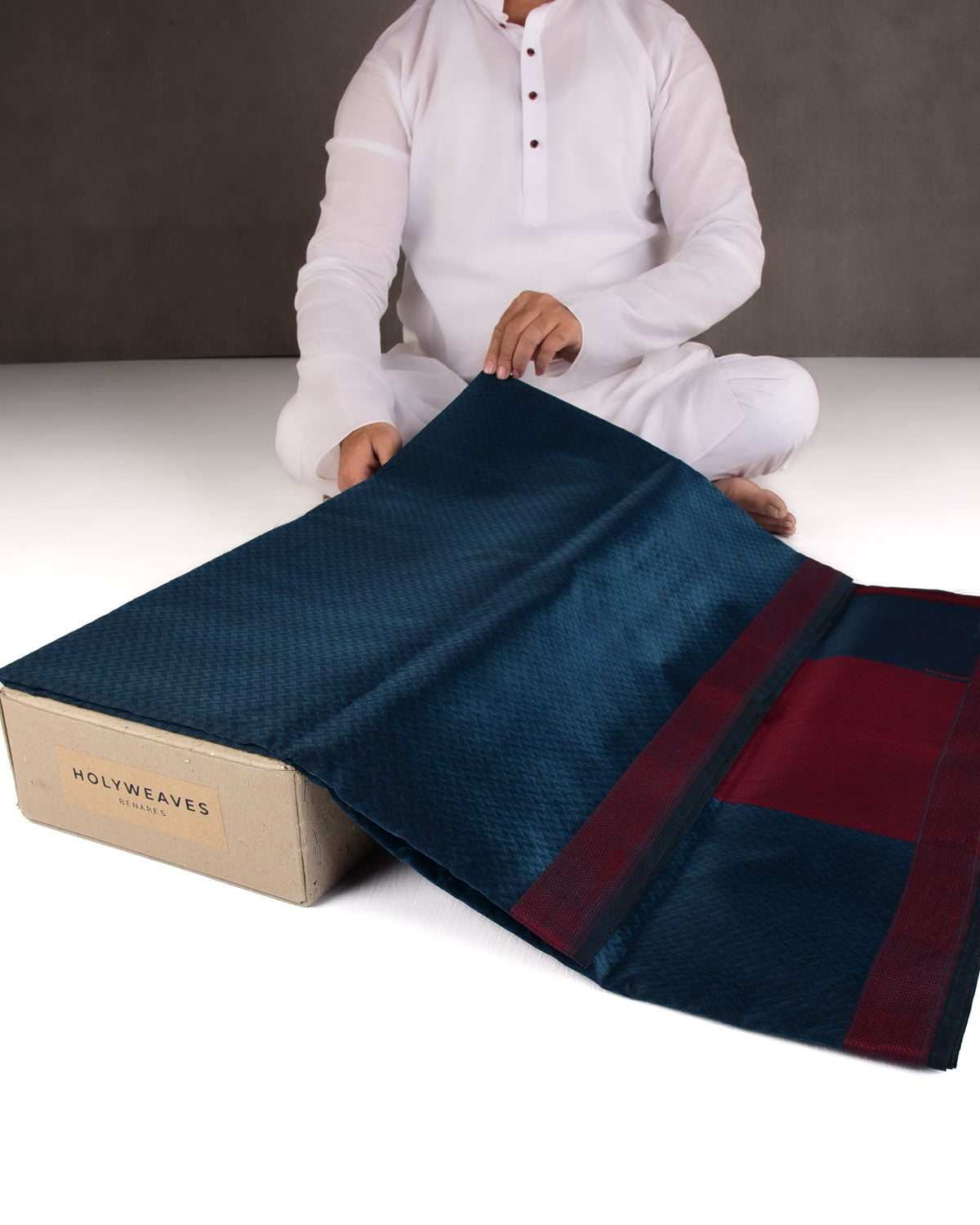 Prussian Blue Herringbone WATERMARK Tanchoi Handwoven Kora Silk Banarasi Saree with Maroon Border Pallu-HolyWeaves