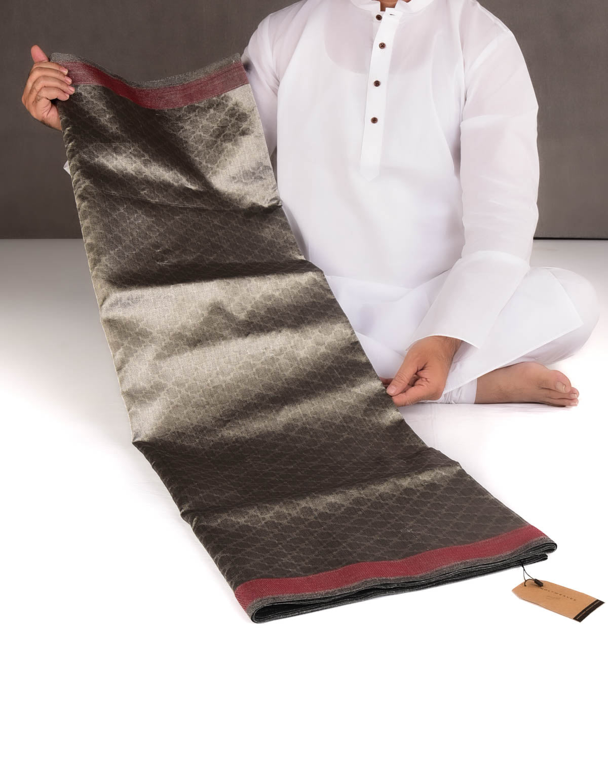 Metallic Silver Gray Quatrefoil Tanchoi Handwoven Kora Tissue Banarasi Saree-HolyWeaves
