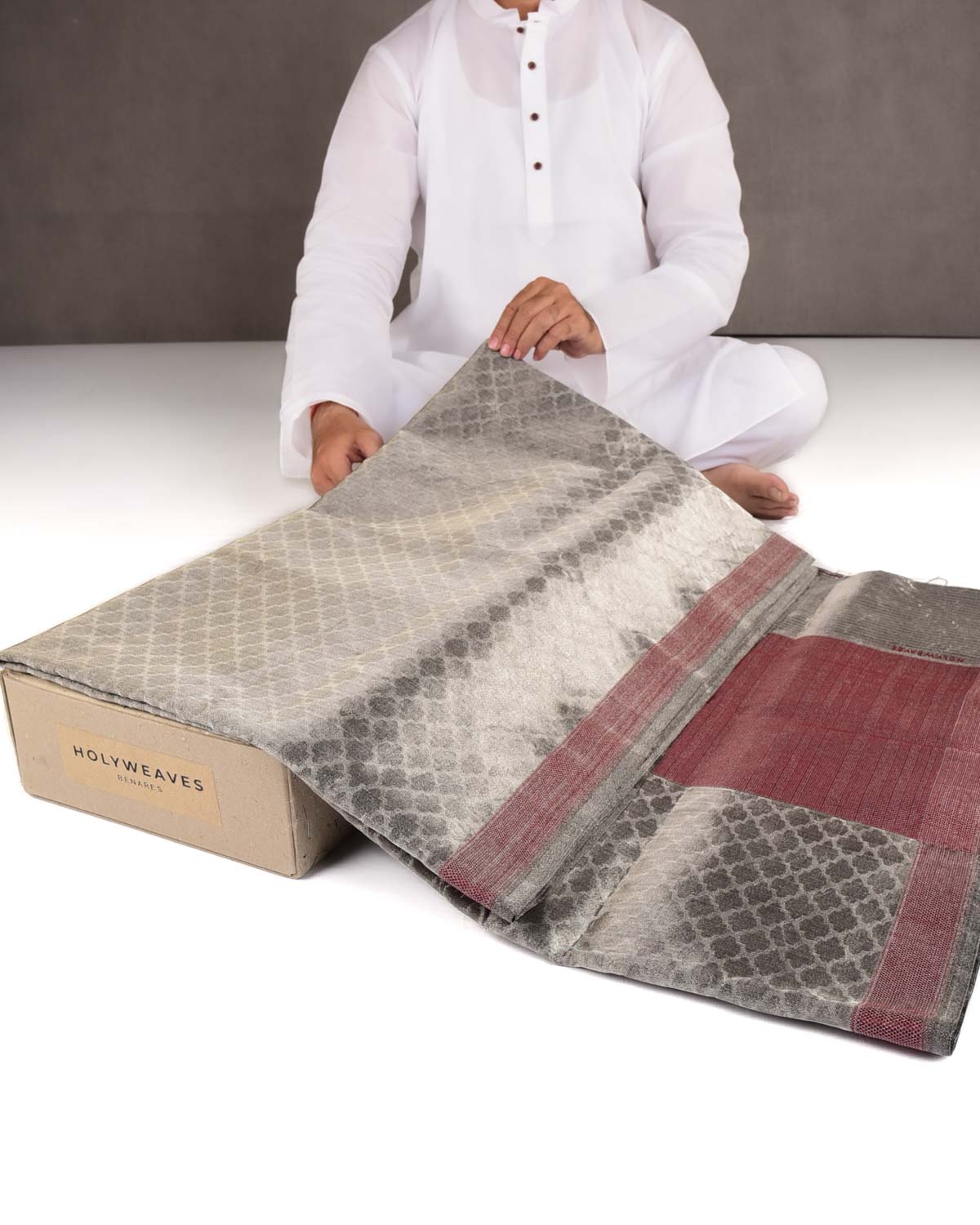 Metallic Silver Gray Quatrefoil Tanchoi Handwoven Kora Tissue Banarasi Saree-HolyWeaves