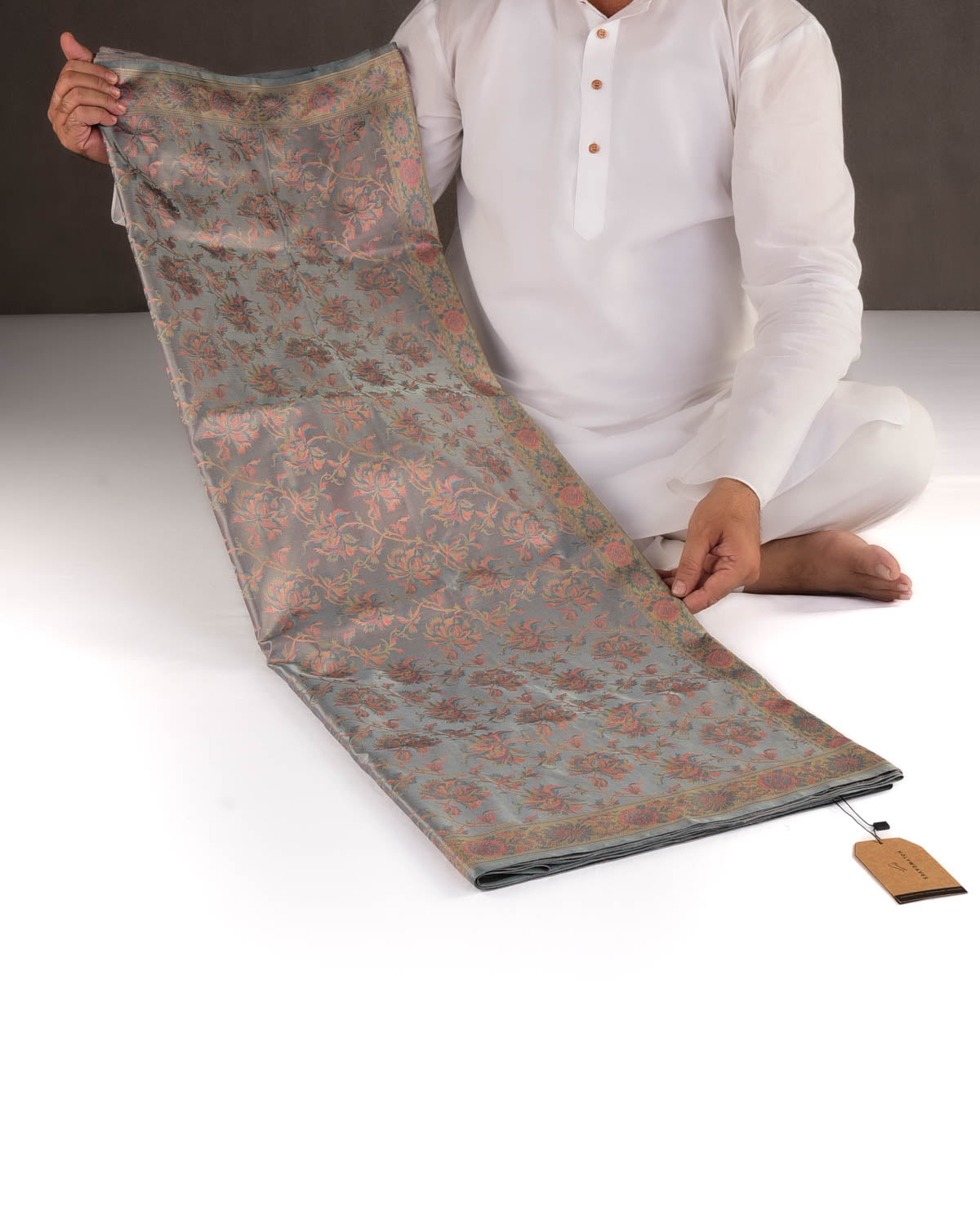 Gray Tehra Floral Jaal Jamawar Handwoven Katan Silk Banarasi Saree-HolyWeaves