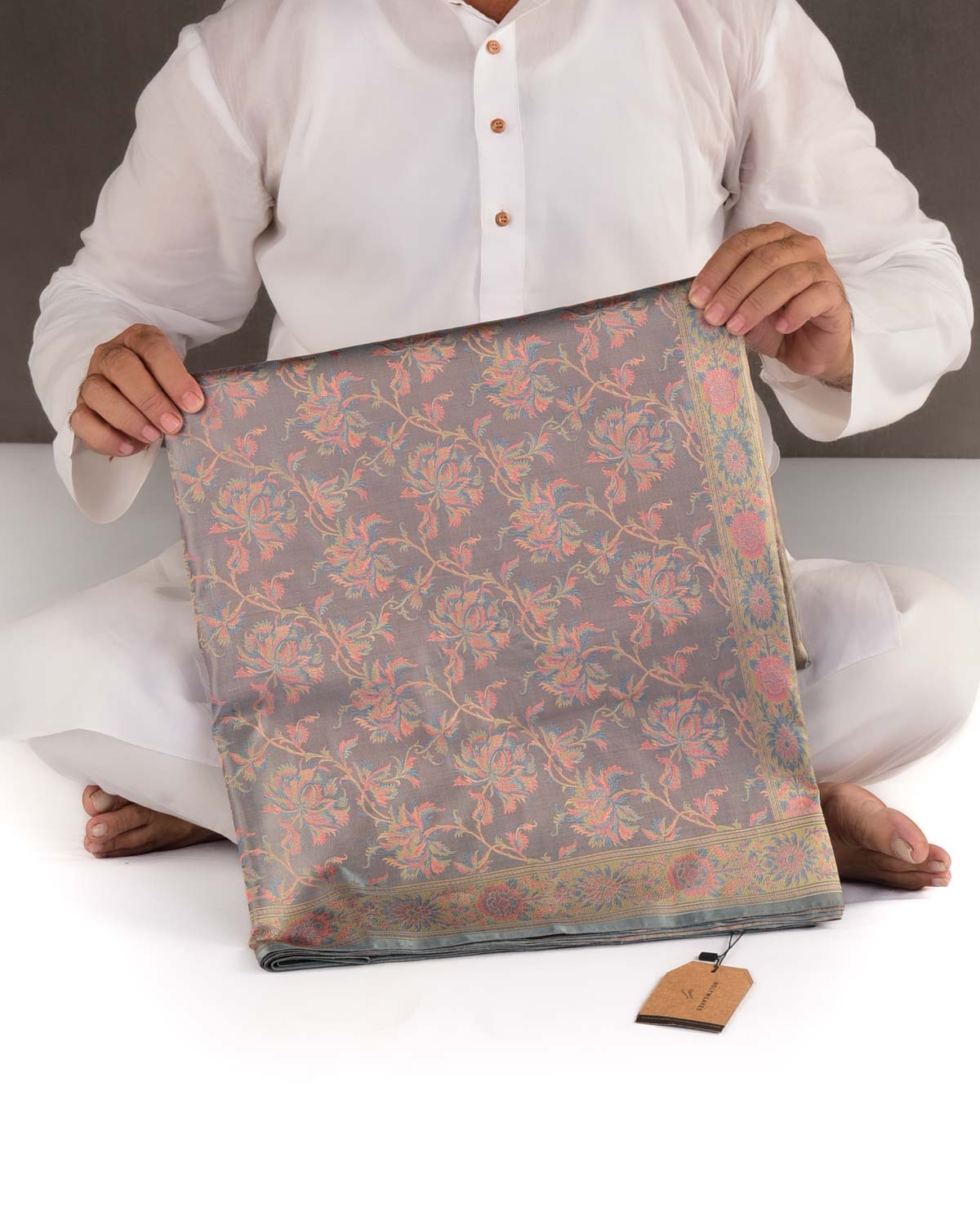 Gray Tehra Floral Jaal Jamawar Handwoven Katan Silk Banarasi Saree-HolyWeaves