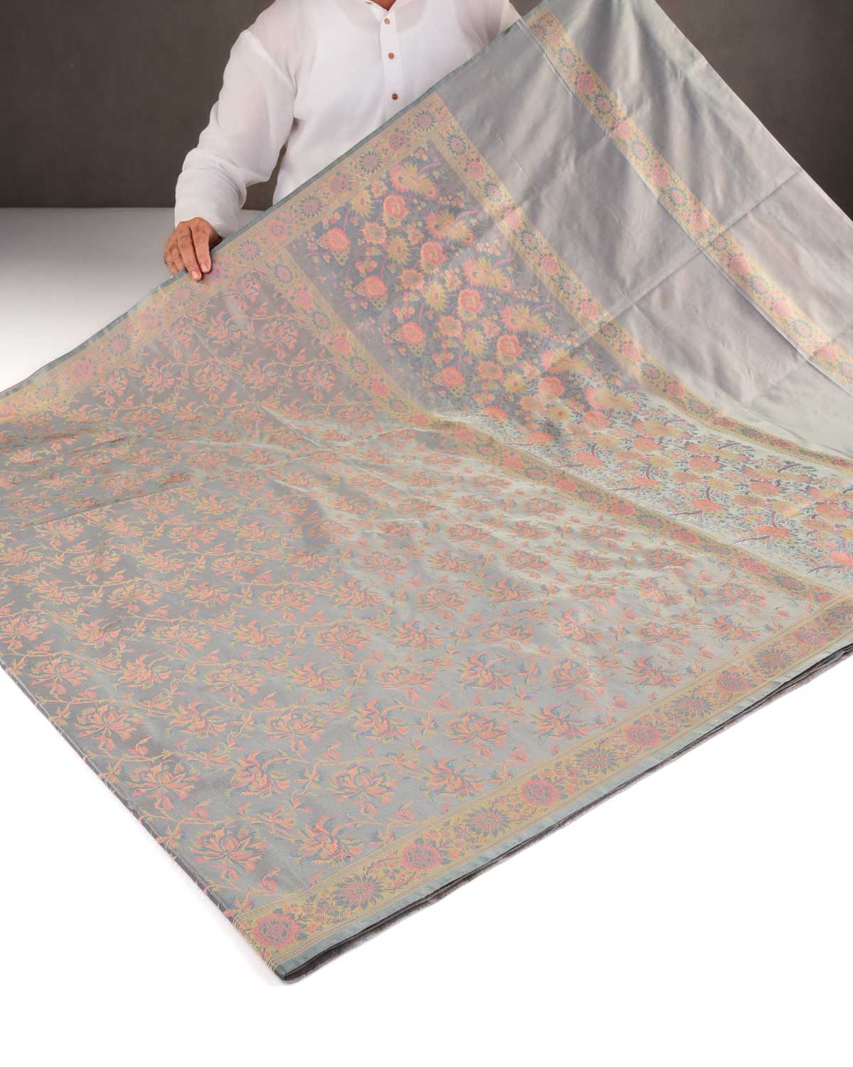 Gray Tehra Floral Jaal Jamawar Handwoven Katan Silk Banarasi Saree-HolyWeaves