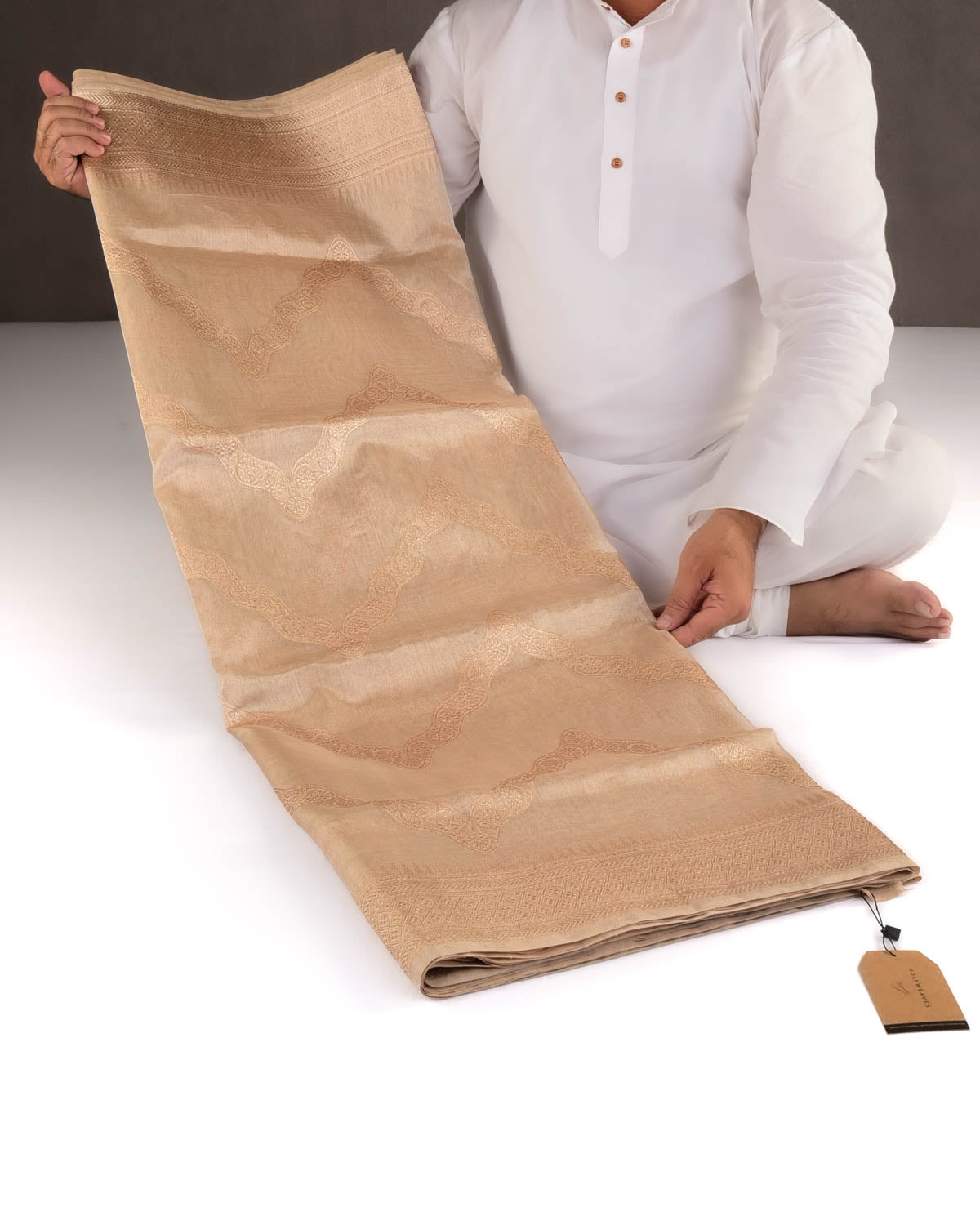 Metallic Gold Gold Zari Ornament Chevron Kadhuan Brocade Handwoven Kora Tissue Banarasi Saree-HolyWeaves