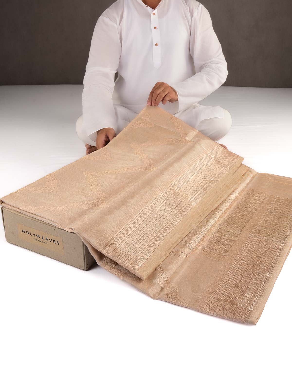 Metallic Gold Gold Zari Ornament Chevron Kadhuan Brocade Handwoven Kora Tissue Banarasi Saree-HolyWeaves