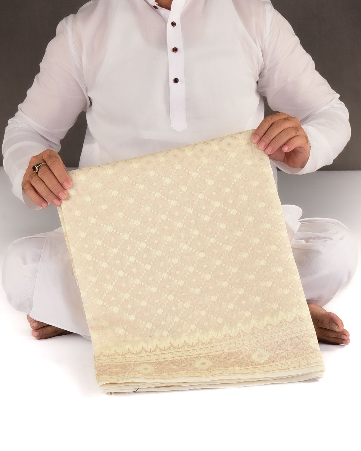 Ivory White Gold Zari & Resham Jangla Cutwork Brocade Woven Art Cotton Silk Banarasi Saree-HolyWeaves