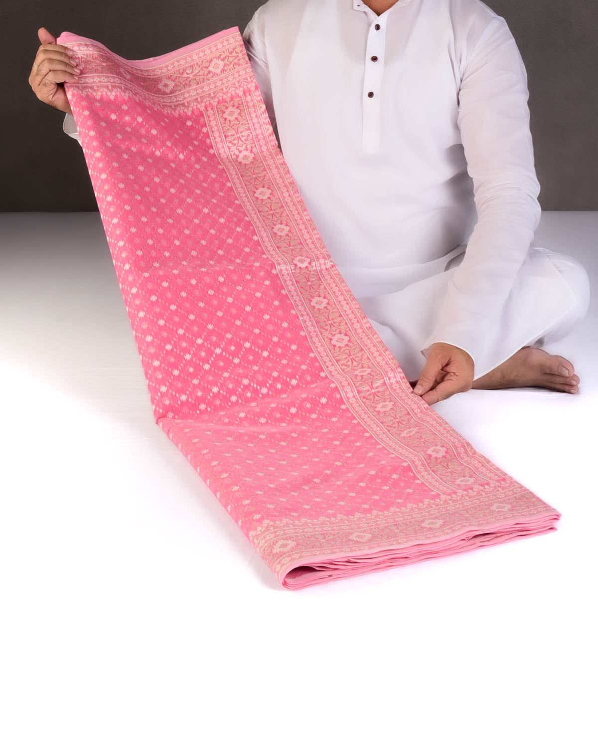 Pink Gold Zari & Resham Jangla Cutwork Brocade Woven Art Cotton Silk Banarasi Saree-HolyWeaves