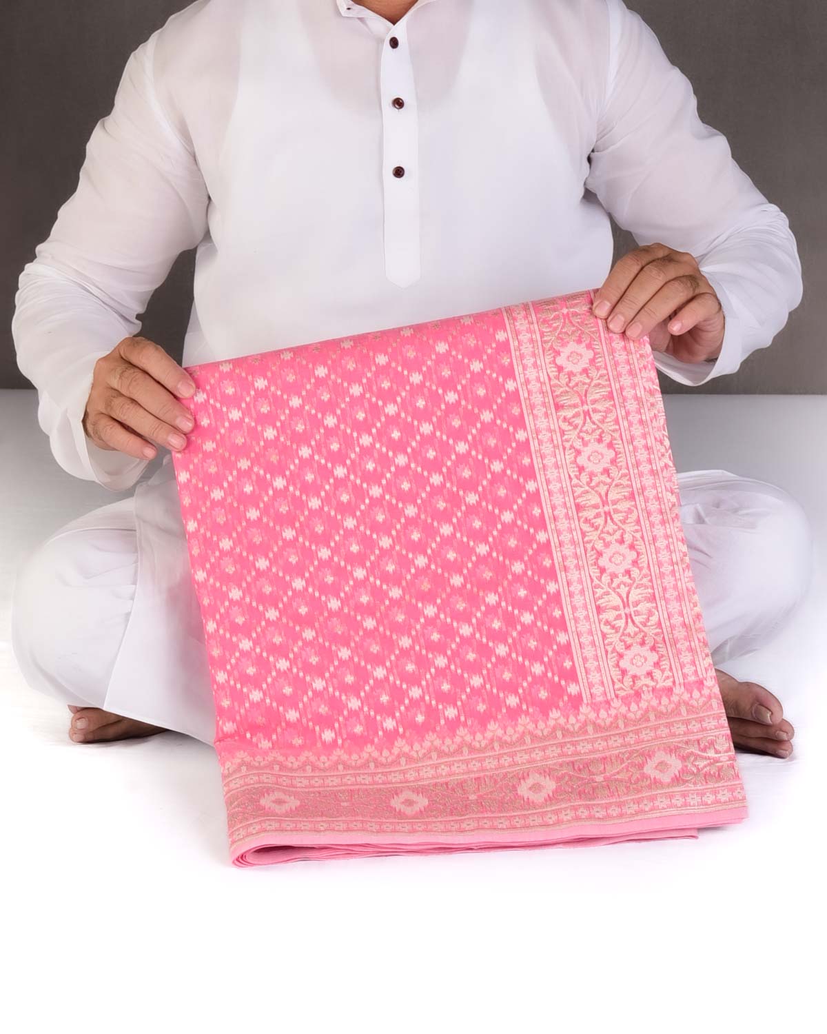 Pink Gold Zari & Resham Jangla Cutwork Brocade Woven Art Cotton Silk Banarasi Saree-HolyWeaves