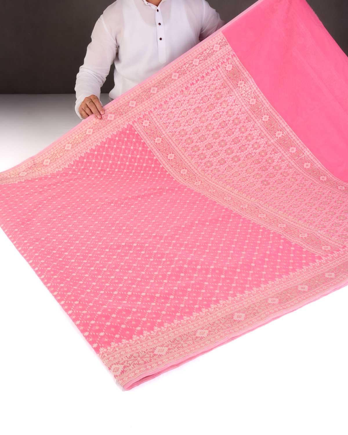 Pink Gold Zari & Resham Jangla Cutwork Brocade Woven Art Cotton Silk Banarasi Saree-HolyWeaves