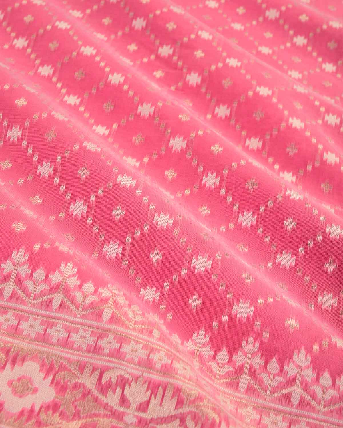 Pink Gold Zari & Resham Jangla Cutwork Brocade Woven Art Cotton Silk Banarasi Saree-HolyWeaves