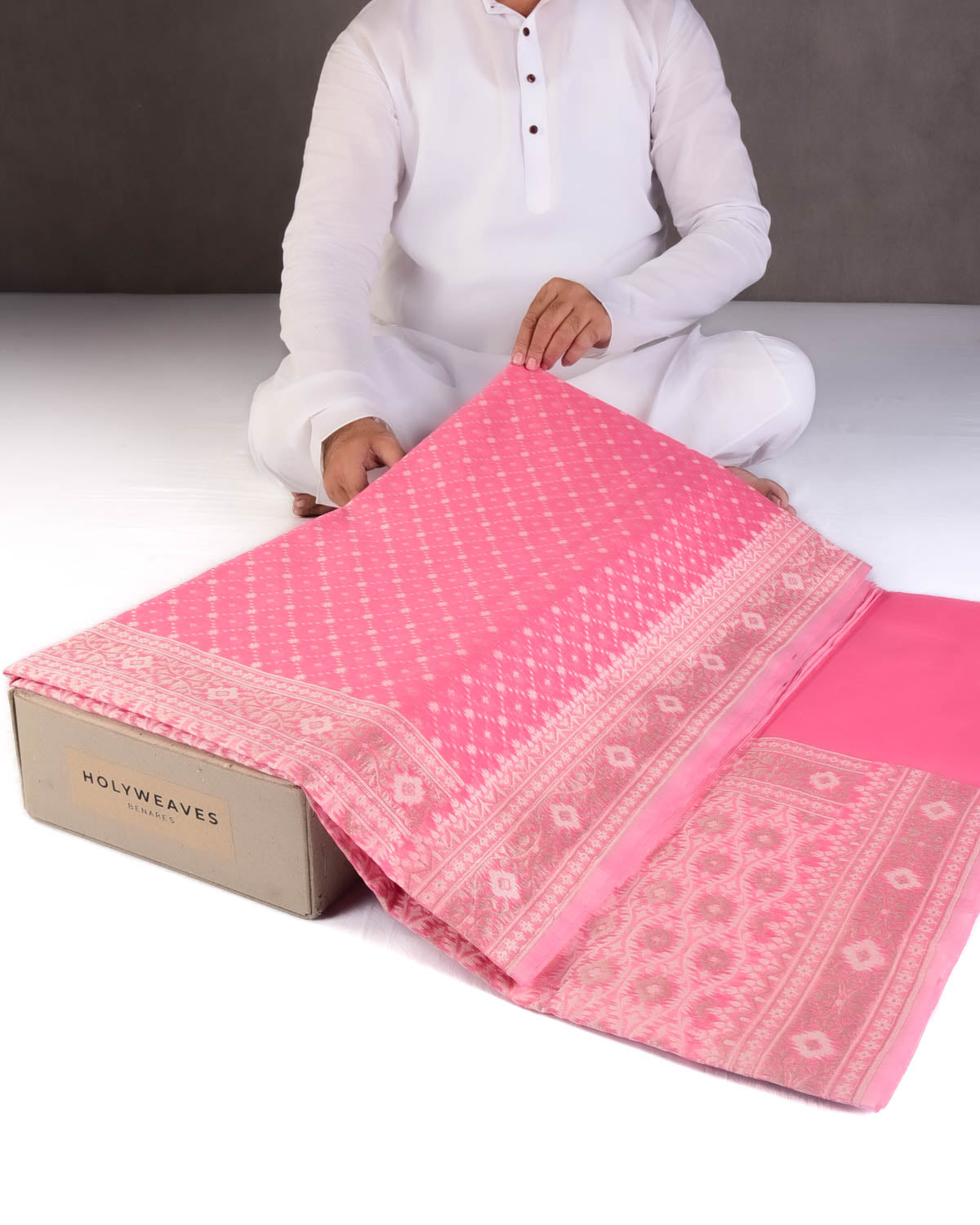Pink Gold Zari & Resham Jangla Cutwork Brocade Woven Art Cotton Silk Banarasi Saree-HolyWeaves