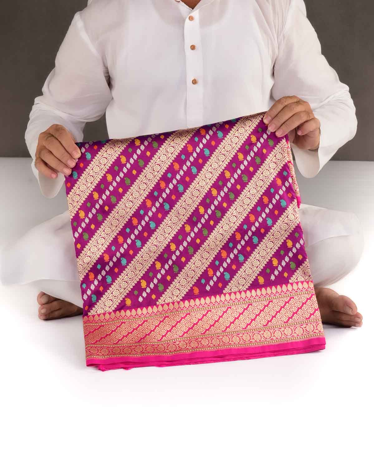 Purple Gold Silver and Resham Diagonal Stripes Kadhuan Brocade Handwoven Katan Silk Banarasi Saree-HolyWeaves