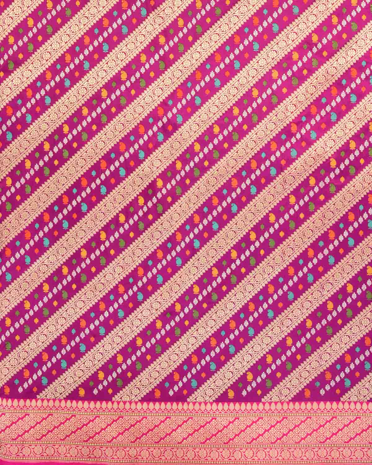 Purple Gold Silver and Resham Diagonal Stripes Kadhuan Brocade Handwoven Katan Silk Banarasi Saree-HolyWeaves