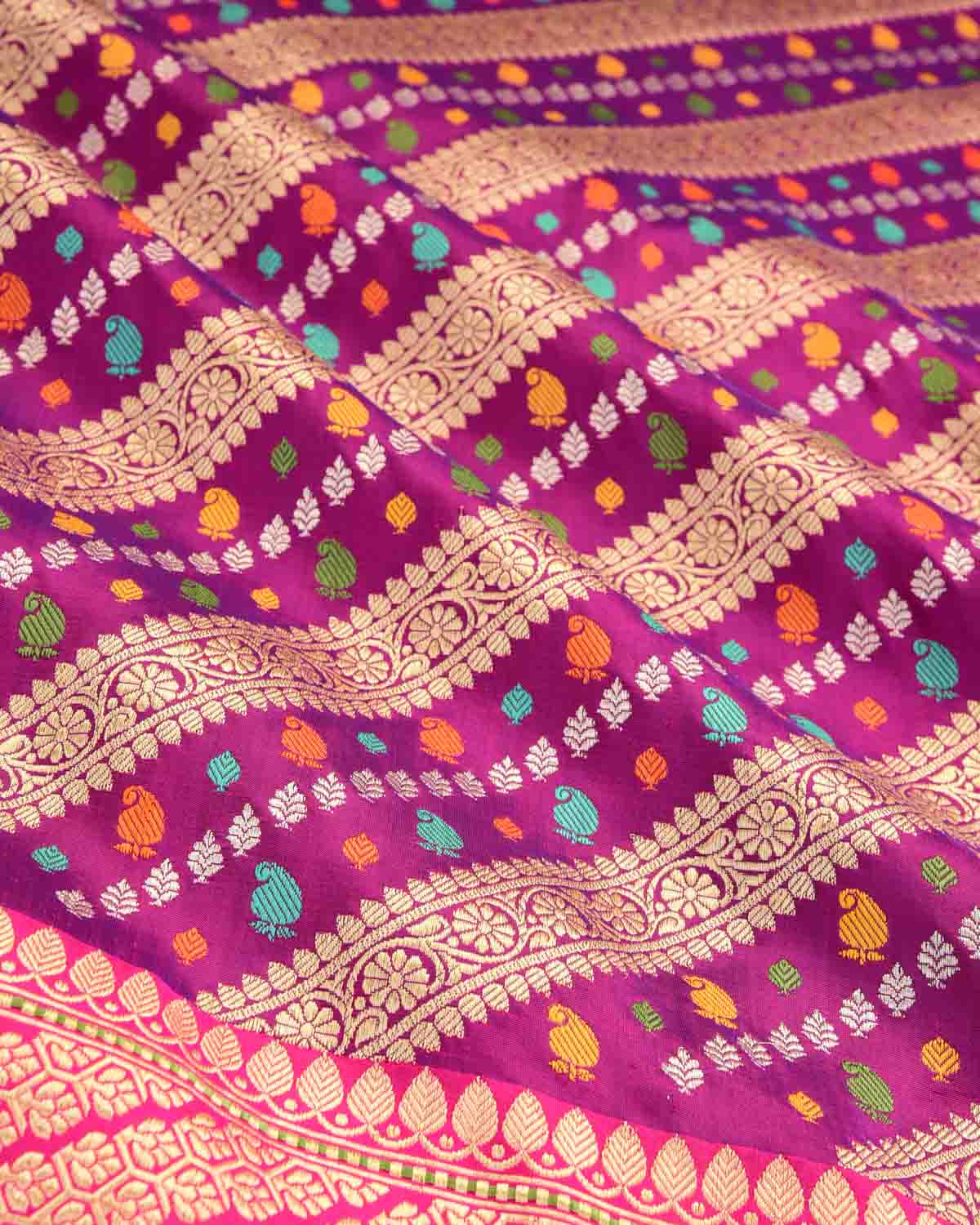 Purple Gold Silver and Resham Diagonal Stripes Kadhuan Brocade Handwoven Katan Silk Banarasi Saree-HolyWeaves