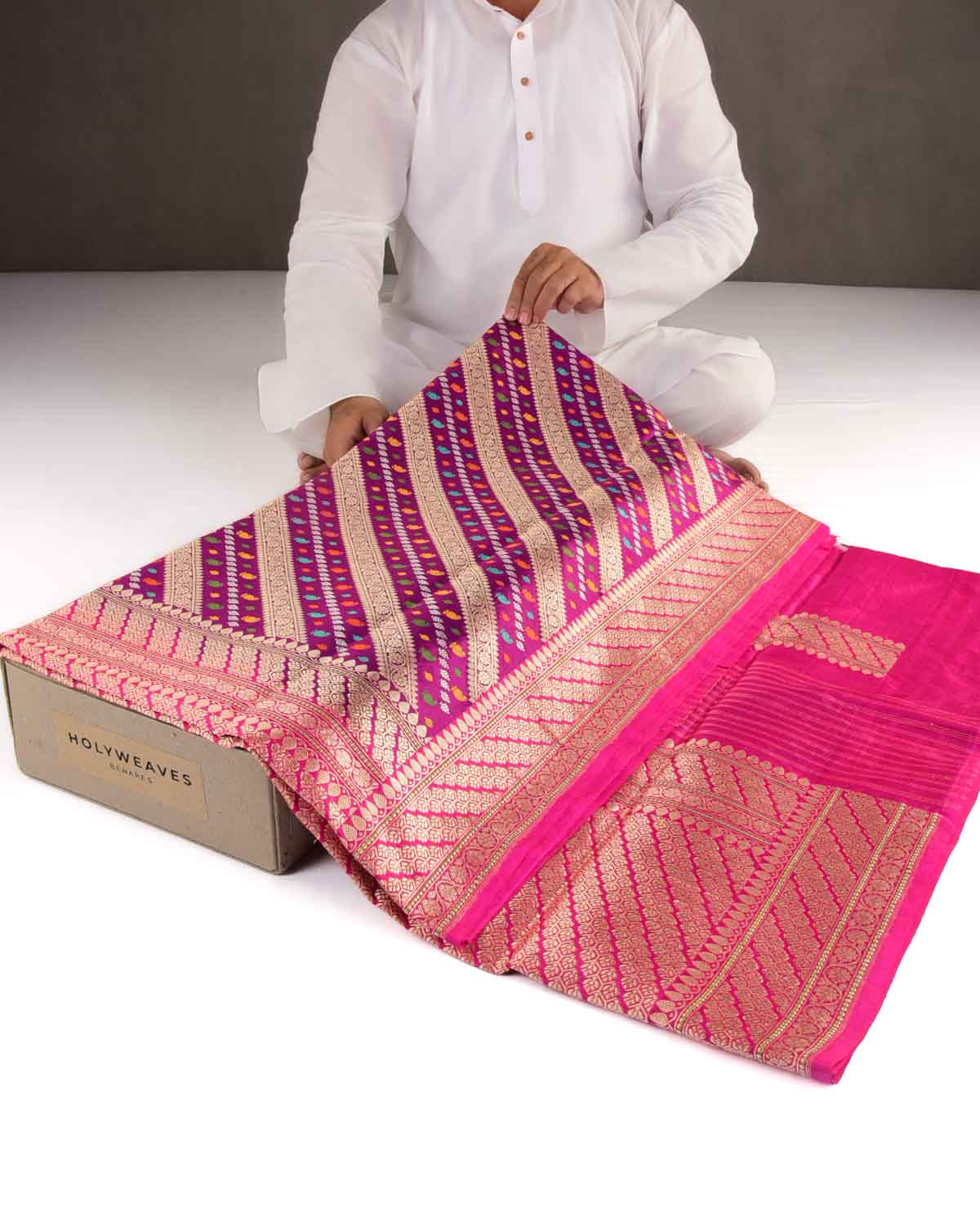 Purple Gold Silver and Resham Diagonal Stripes Kadhuan Brocade Handwoven Katan Silk Banarasi Saree-HolyWeaves